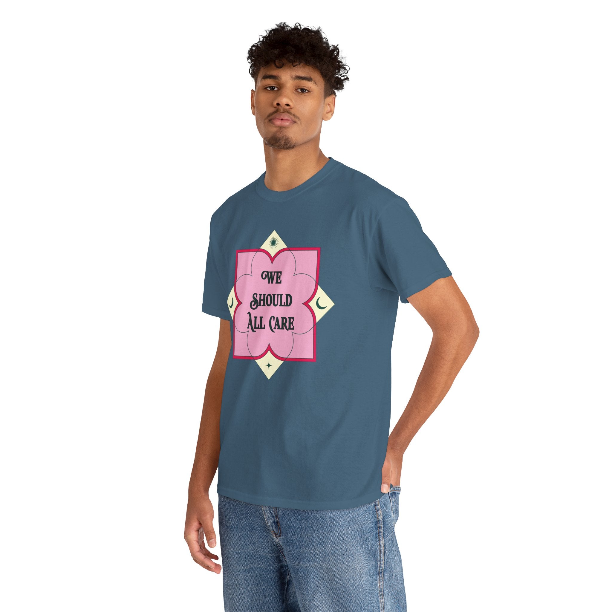 We Should All Care T-Shirt — Pink Floral Compassion Graphic Tee