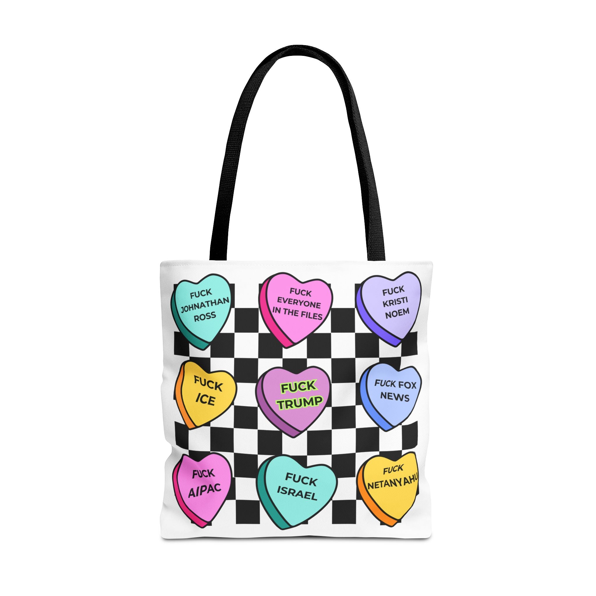 Political Statement Tote Bag  Checkerboard Candy Hearts with Adult Slogans