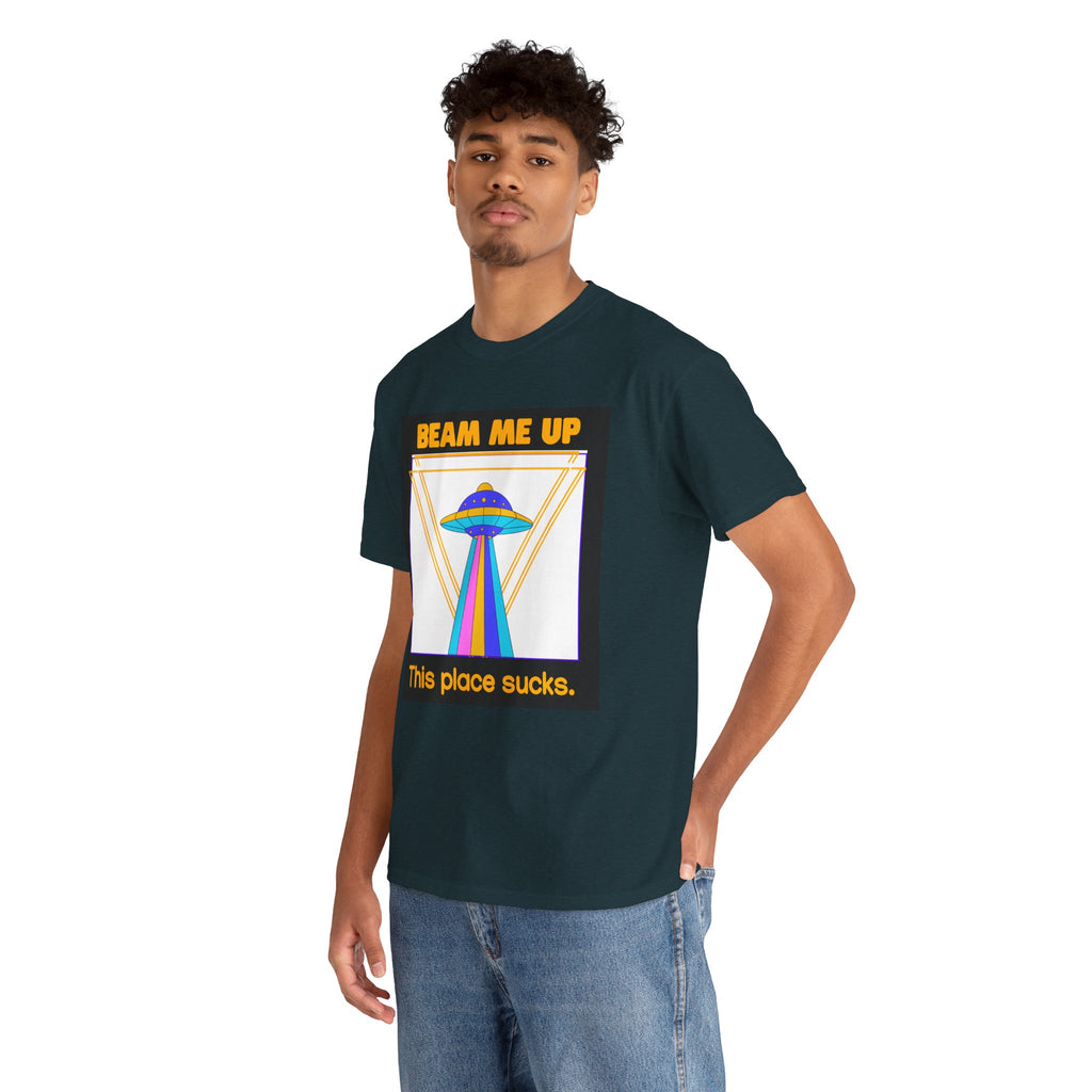 Beam Me Up Funny UFO T-Shirt — Colorful Alien Sarcasm Tee