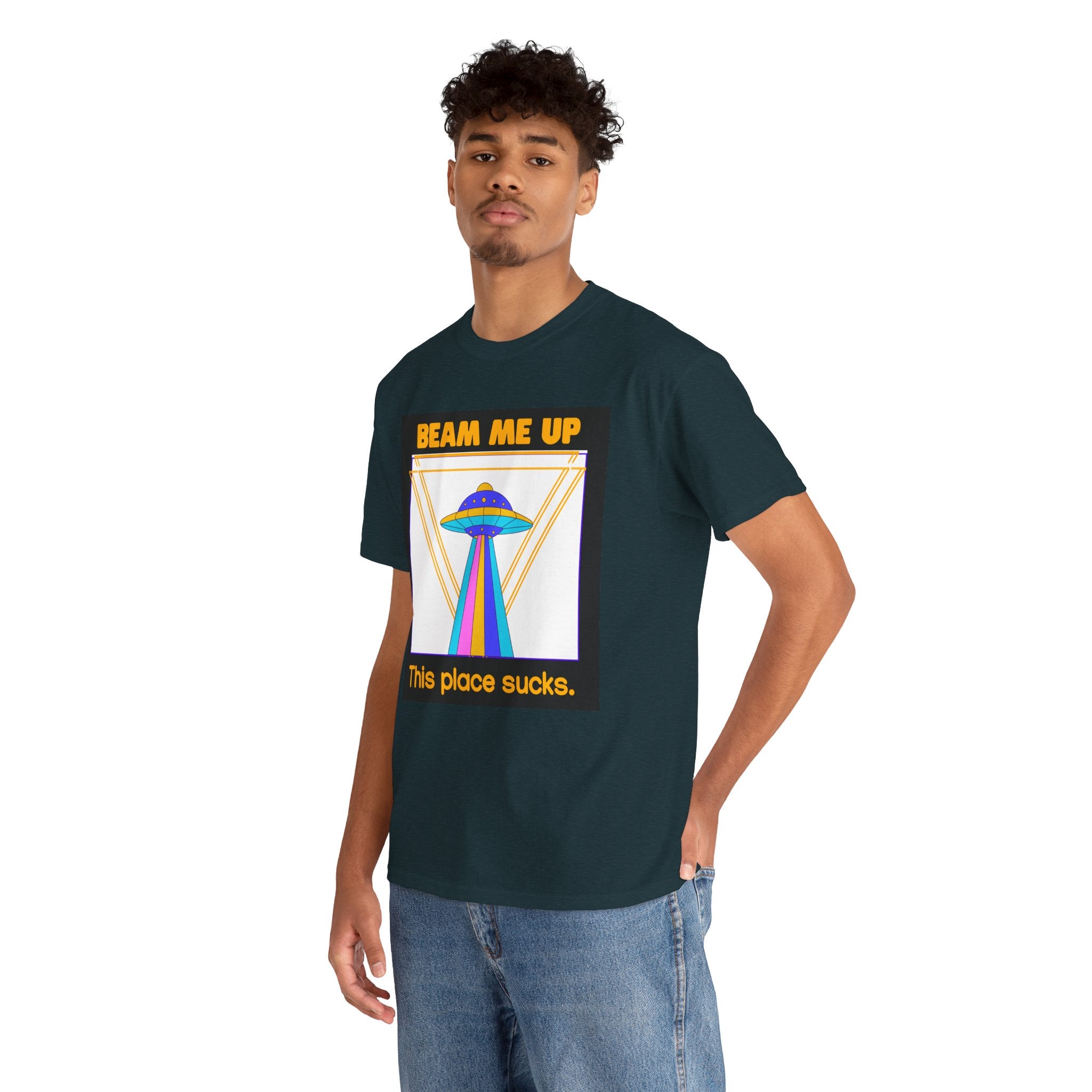 Beam Me Up Funny UFO T-Shirt — Colorful Alien Sarcasm Tee