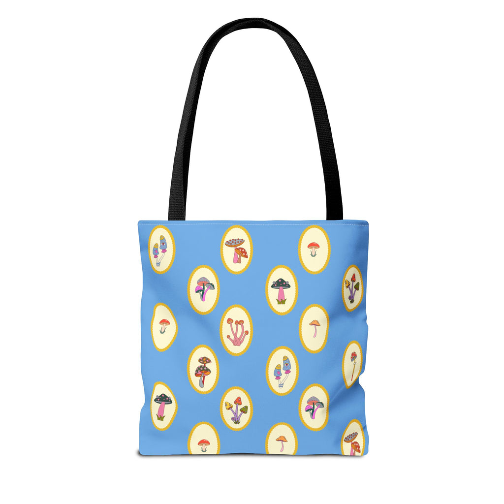 Princess Amanita Mushroom Scrapbook Vintage Style Tote Bag — Cute Blue AOP Mushroom Pattern Tote
