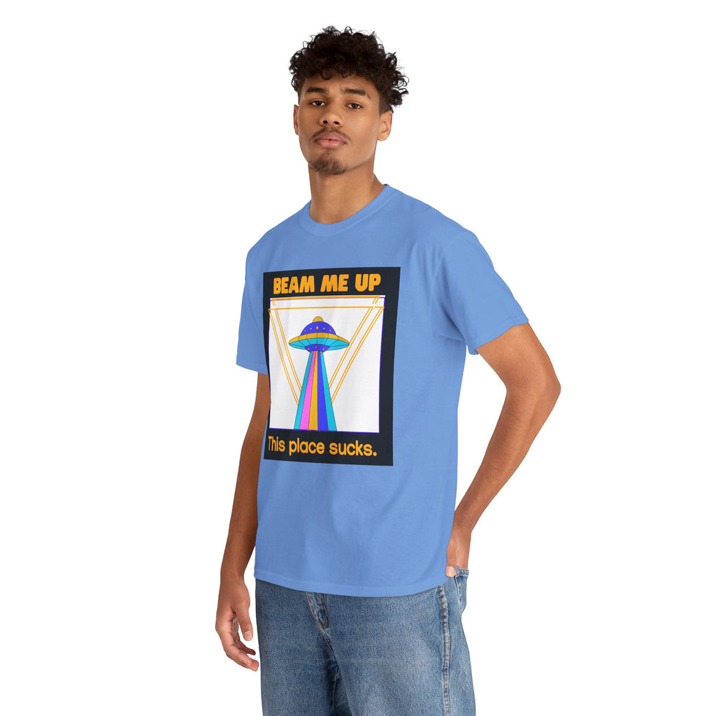 Beam Me Up Funny UFO T-Shirt — Colorful Alien Sarcasm Tee