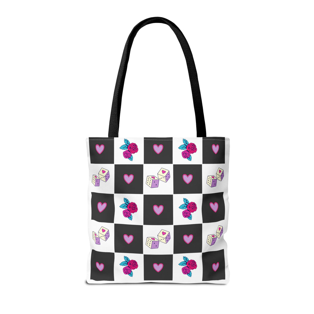 Femme Punk Checkerboard Love Tote Bag — Hearts, Roses & Enamel Pin Pattern