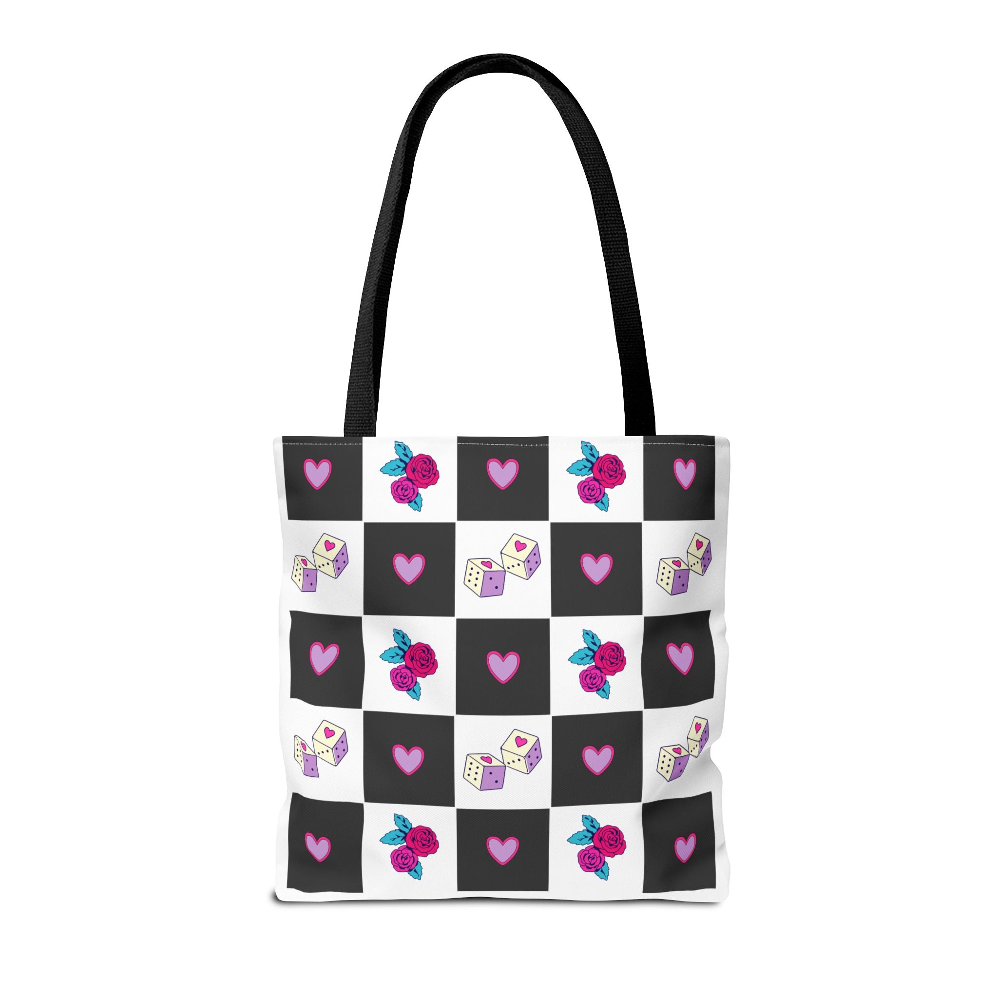 Femme Punk Checkerboard Love Tote Bag — Hearts, Roses & Enamel Pin Pattern