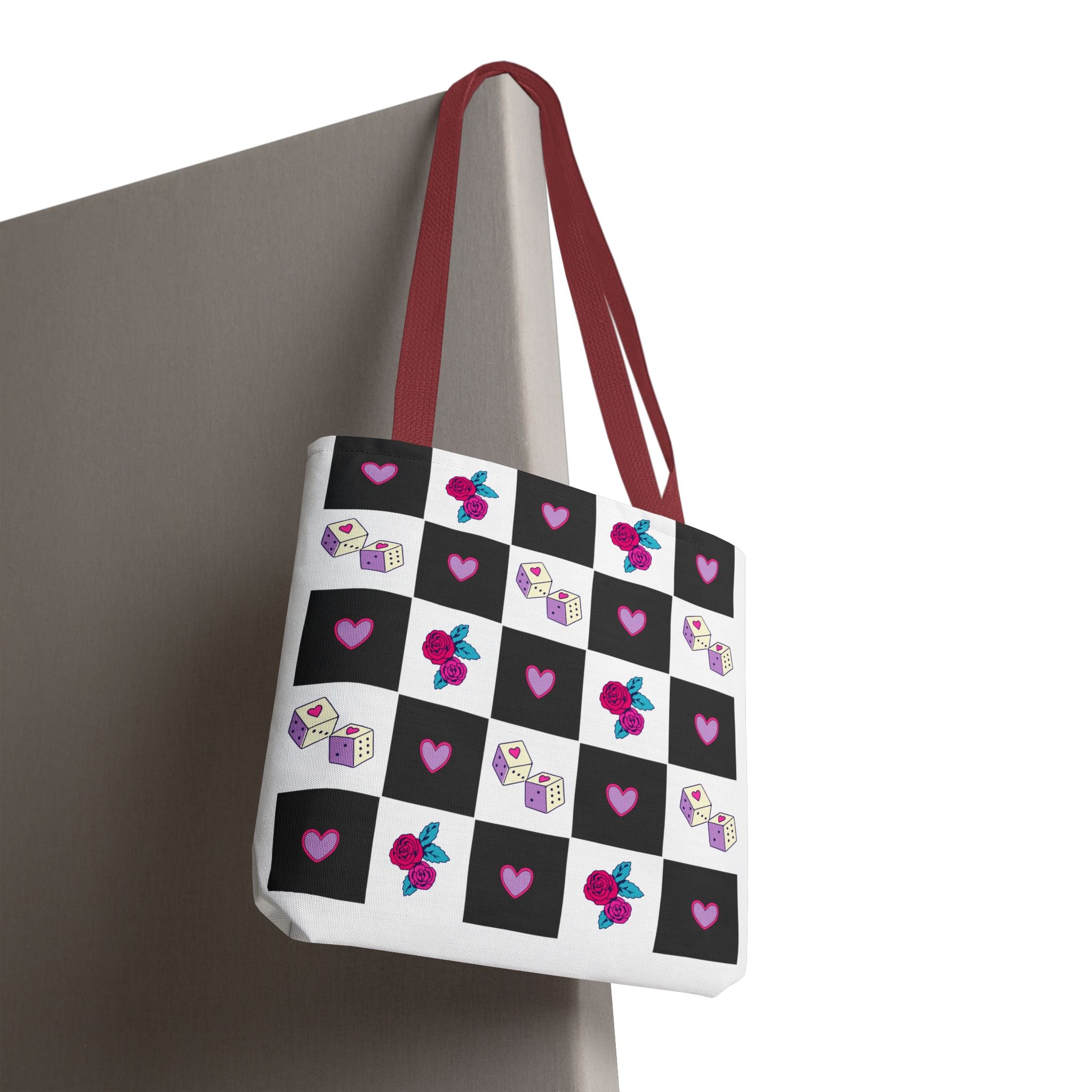 Femme Punk Checkerboard Love Tote Bag — Hearts, Roses & Enamel Pin Pattern
