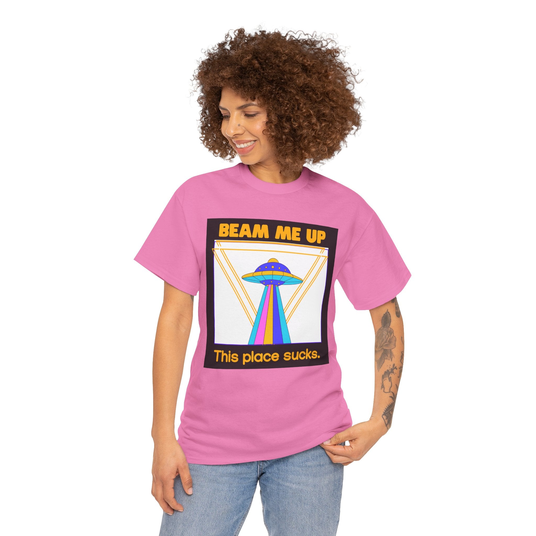 Beam Me Up Funny UFO T-Shirt — Colorful Alien Sarcasm Tee