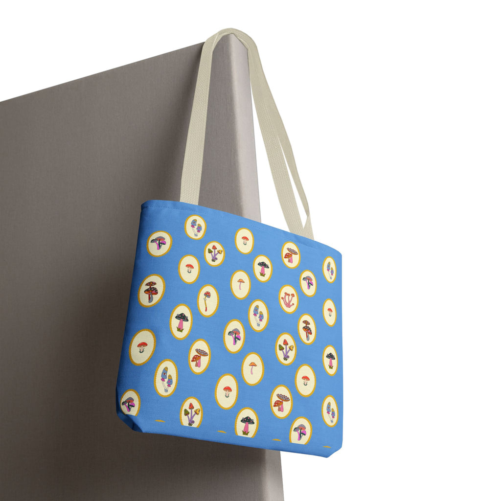 Princess Amanita Mushroom Scrapbook Vintage Style Tote Bag — Cute Blue AOP Mushroom Pattern Tote