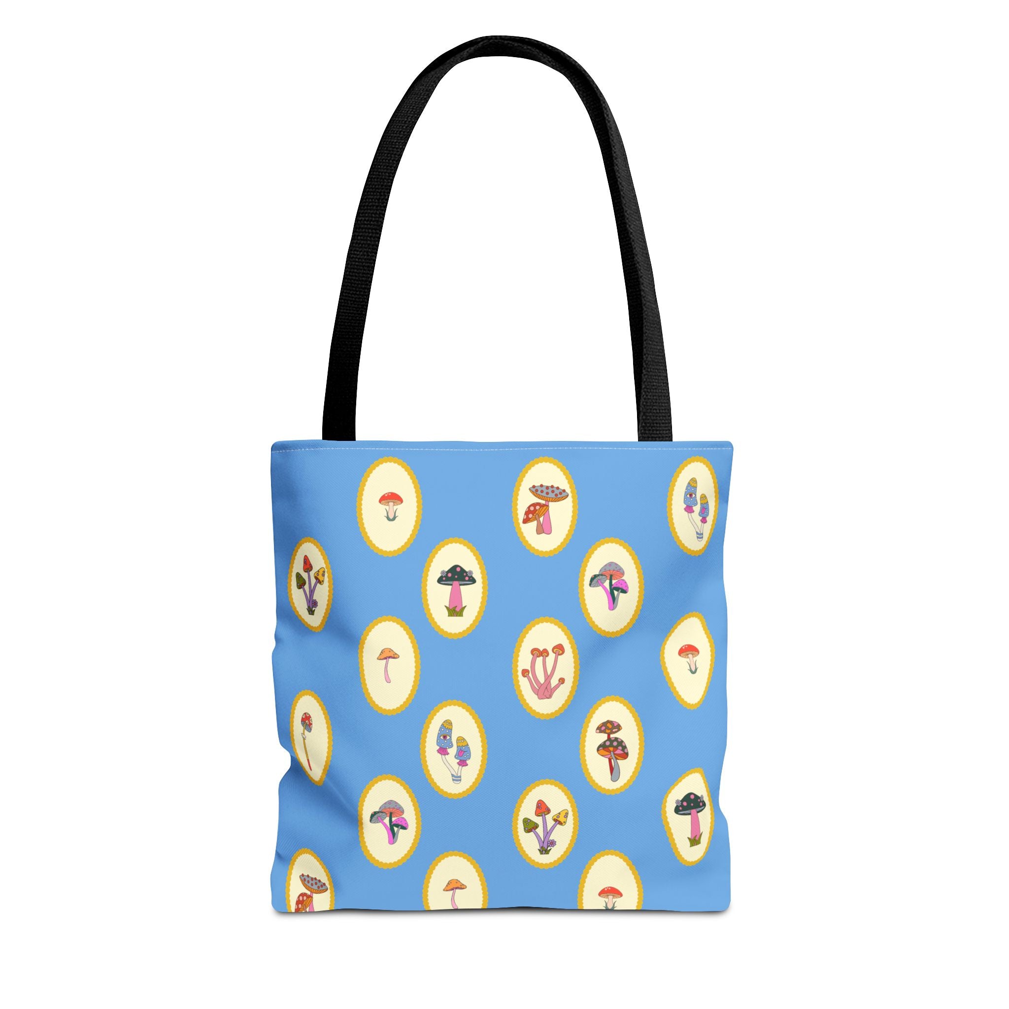 Princess Amanita Mushroom Scrapbook Vintage Style Tote Bag — Cute Blue AOP Mushroom Pattern Tote