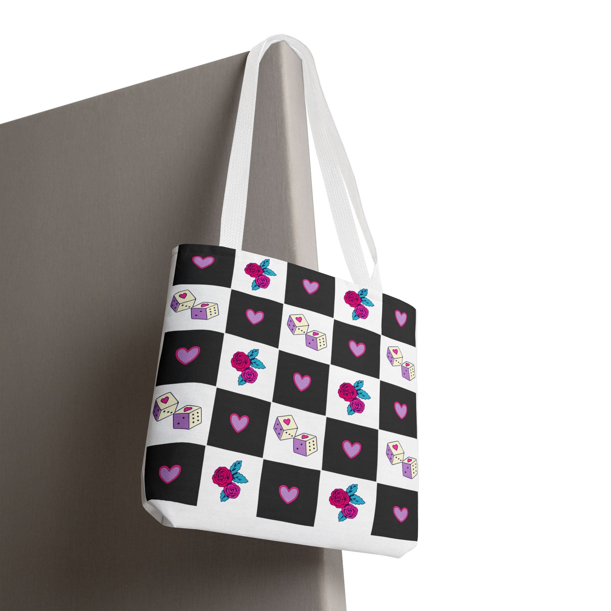 Femme Punk Checkerboard Love Tote Bag — Hearts, Roses & Enamel Pin Pattern