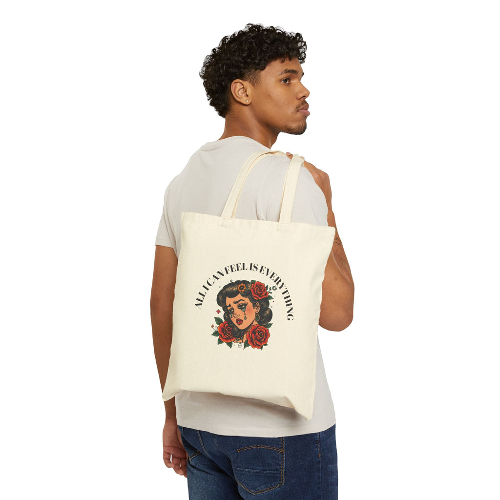 Vintage Tattoo "All I Can Feel Is Everything" Floral Design Cotton Tote Bag