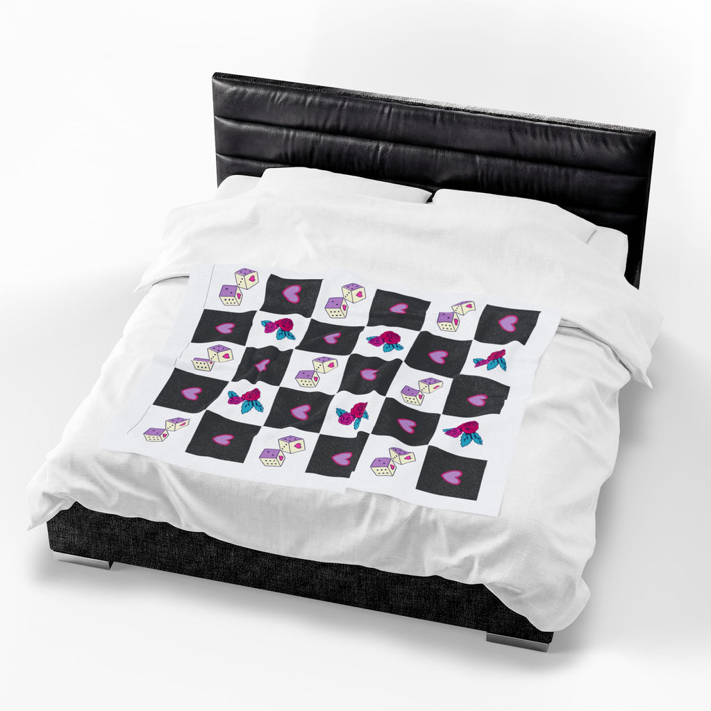 Velveteen Plush Blanket Femme Punk Checkerboard Love Hearts, Roses & Dice Cozy Throw.
