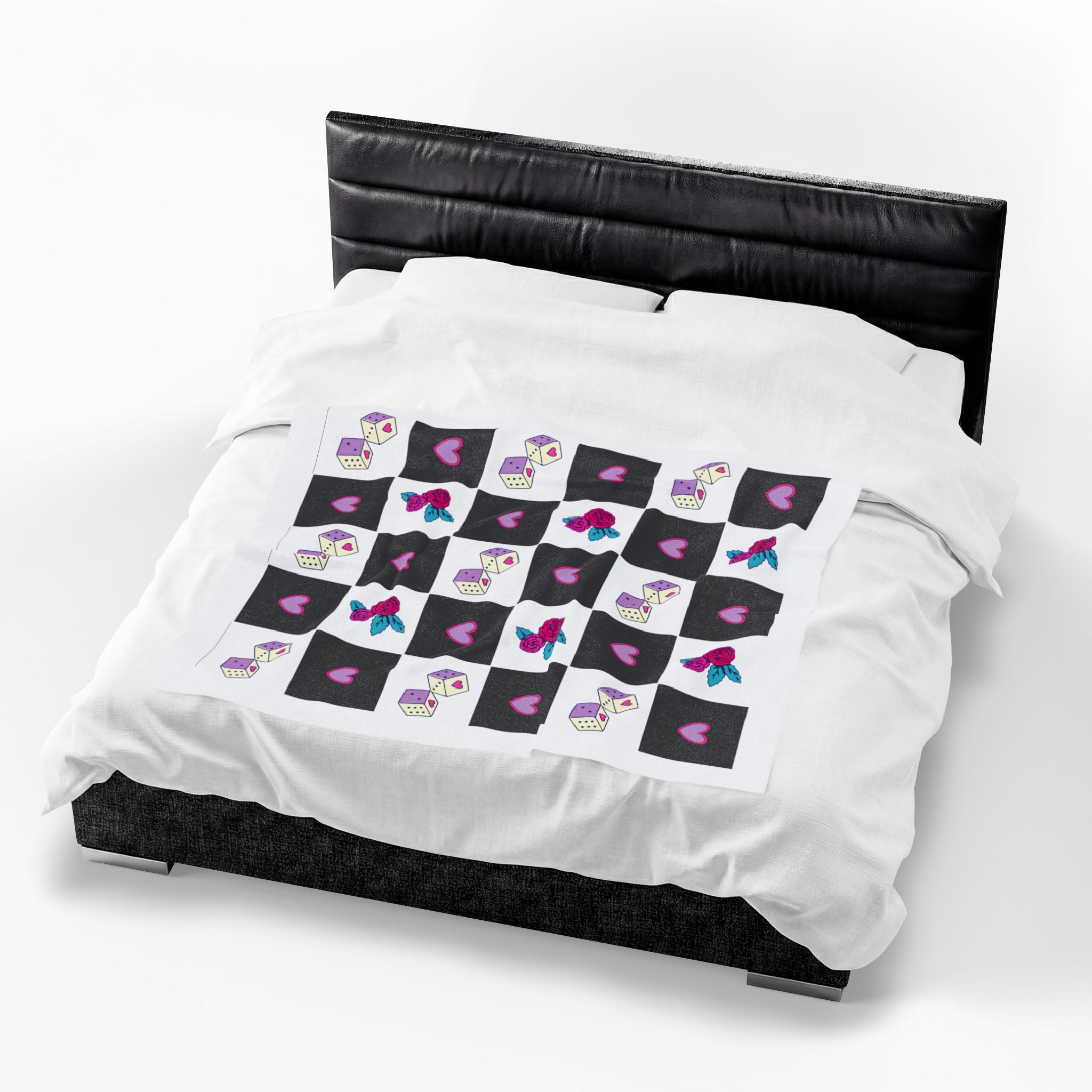 Velveteen Plush Blanket Femme Punk Checkerboard Love Hearts, Roses & Dice Cozy Throw.
