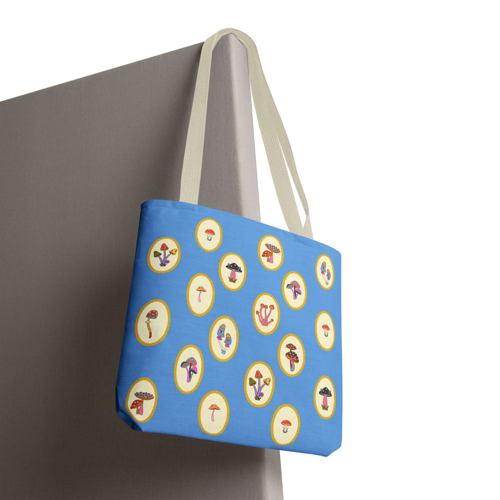 Princess Amanita Mushroom Scrapbook Vintage Style Tote Bag — Cute Blue AOP Mushroom Pattern Tote