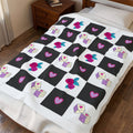 Velveteen Plush Blanket Femme Punk Checkerboard Love Hearts, Roses & Dice Cozy Throw.