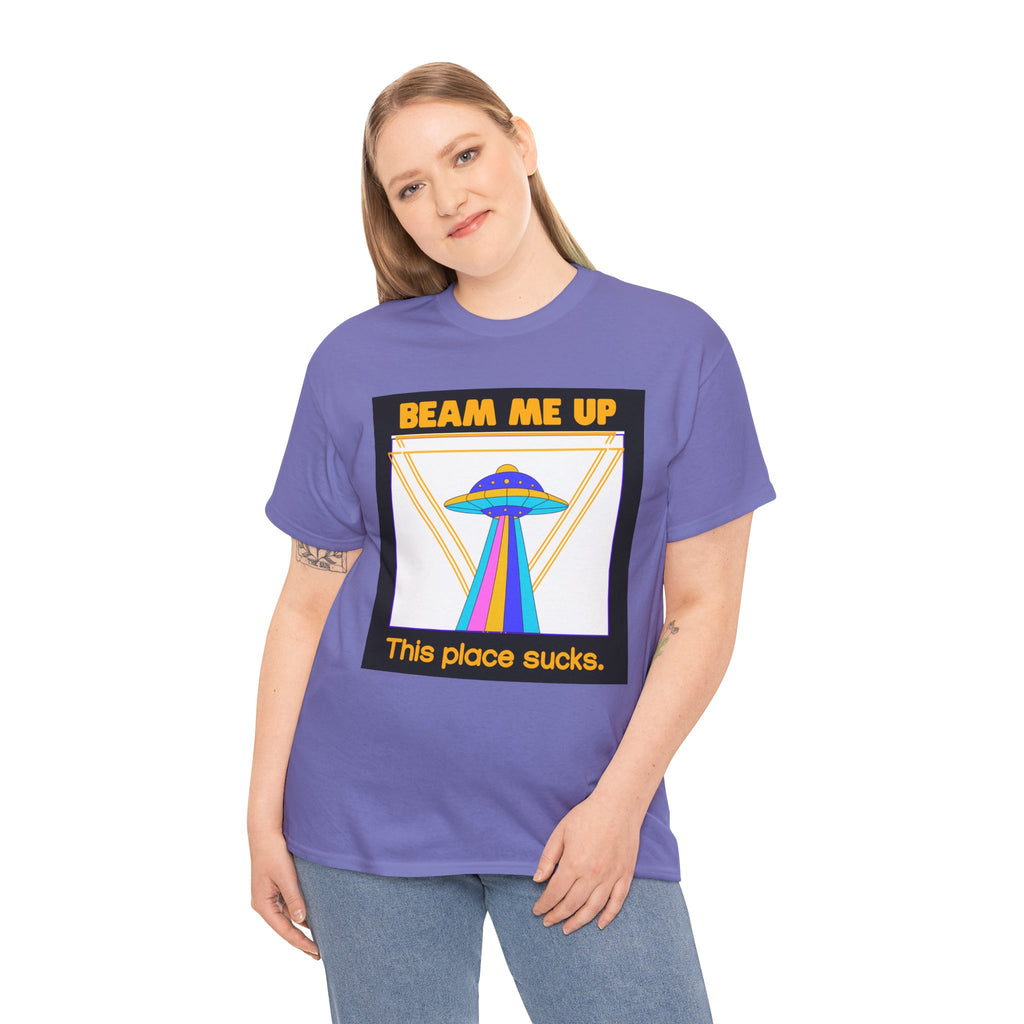 Beam Me Up Funny UFO T-Shirt — Colorful Alien Sarcasm Tee