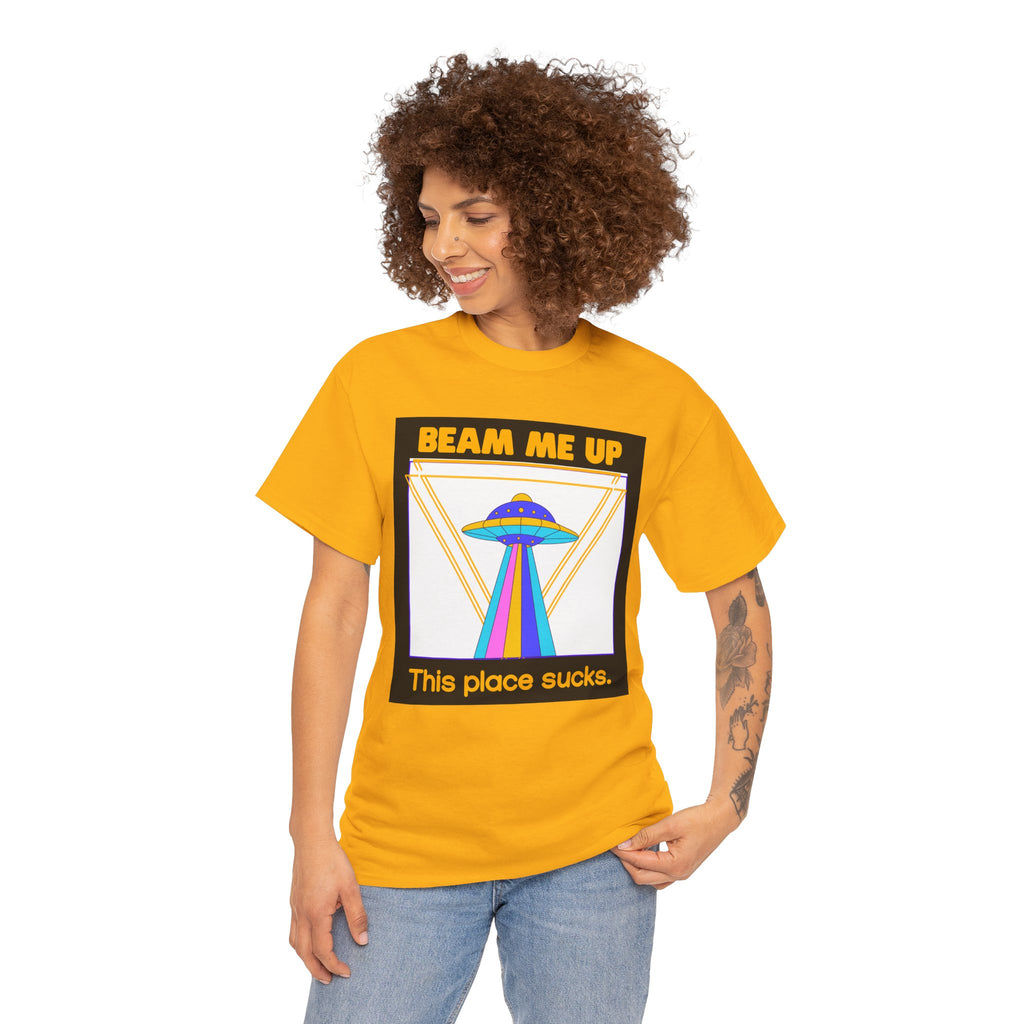 Beam Me Up Funny UFO T-Shirt — Colorful Alien Sarcasm Tee
