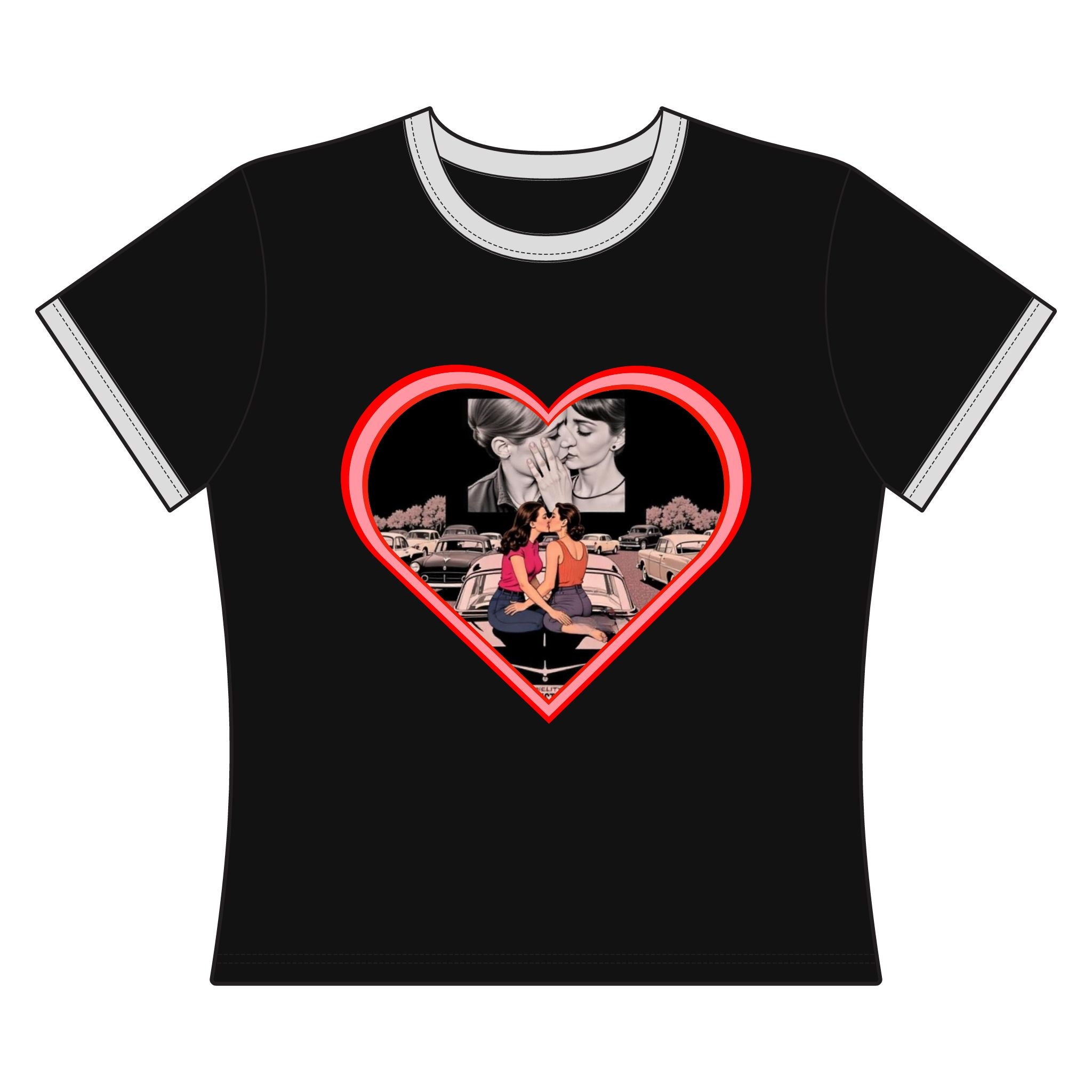 Retro Drive-In Movie Kiss Women's Ringer Tee — Romantic Heart-Shaped Couple Design