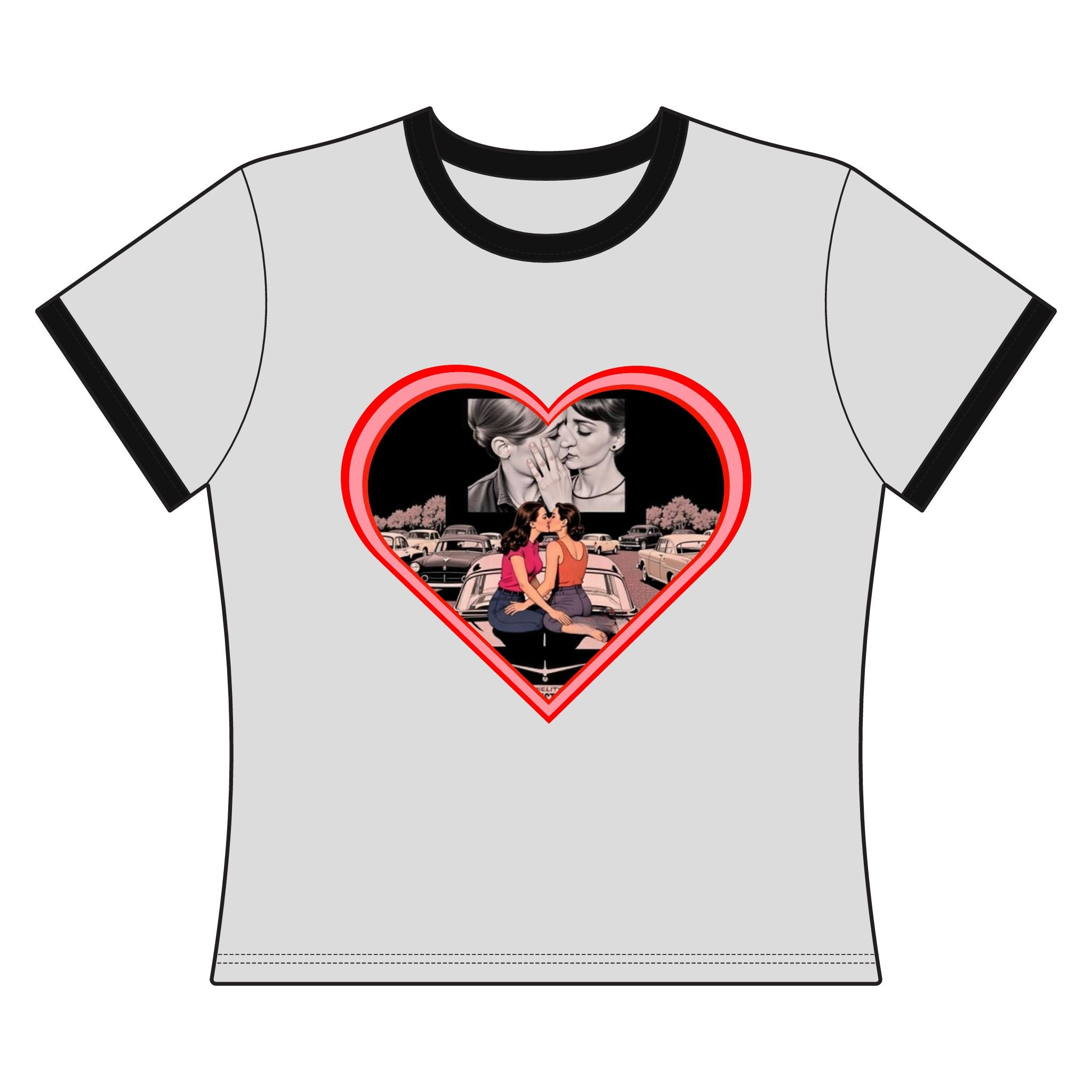 Retro Drive-In Movie Kiss Women's Ringer Tee — Romantic Heart-Shaped Couple Design