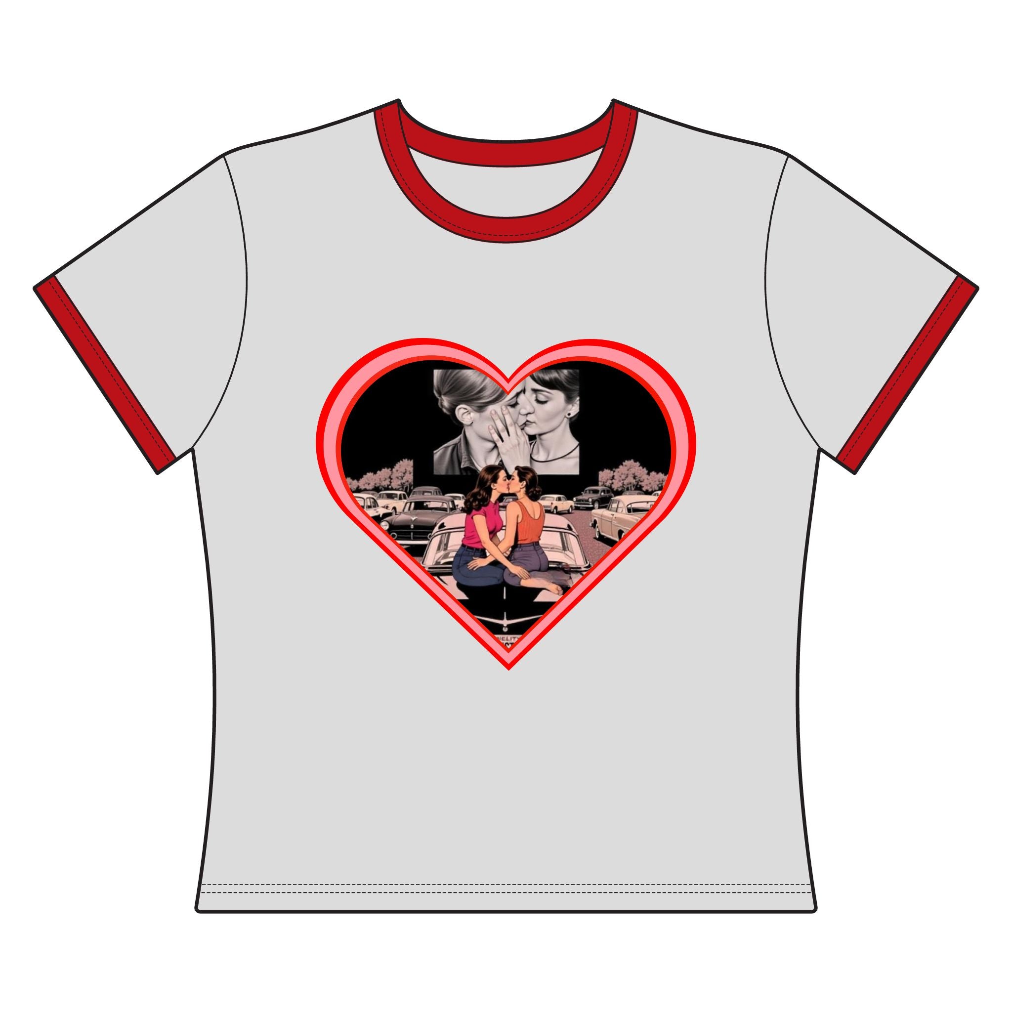 Retro Drive-In Movie Kiss Women's Ringer Tee — Romantic Heart-Shaped Couple Design