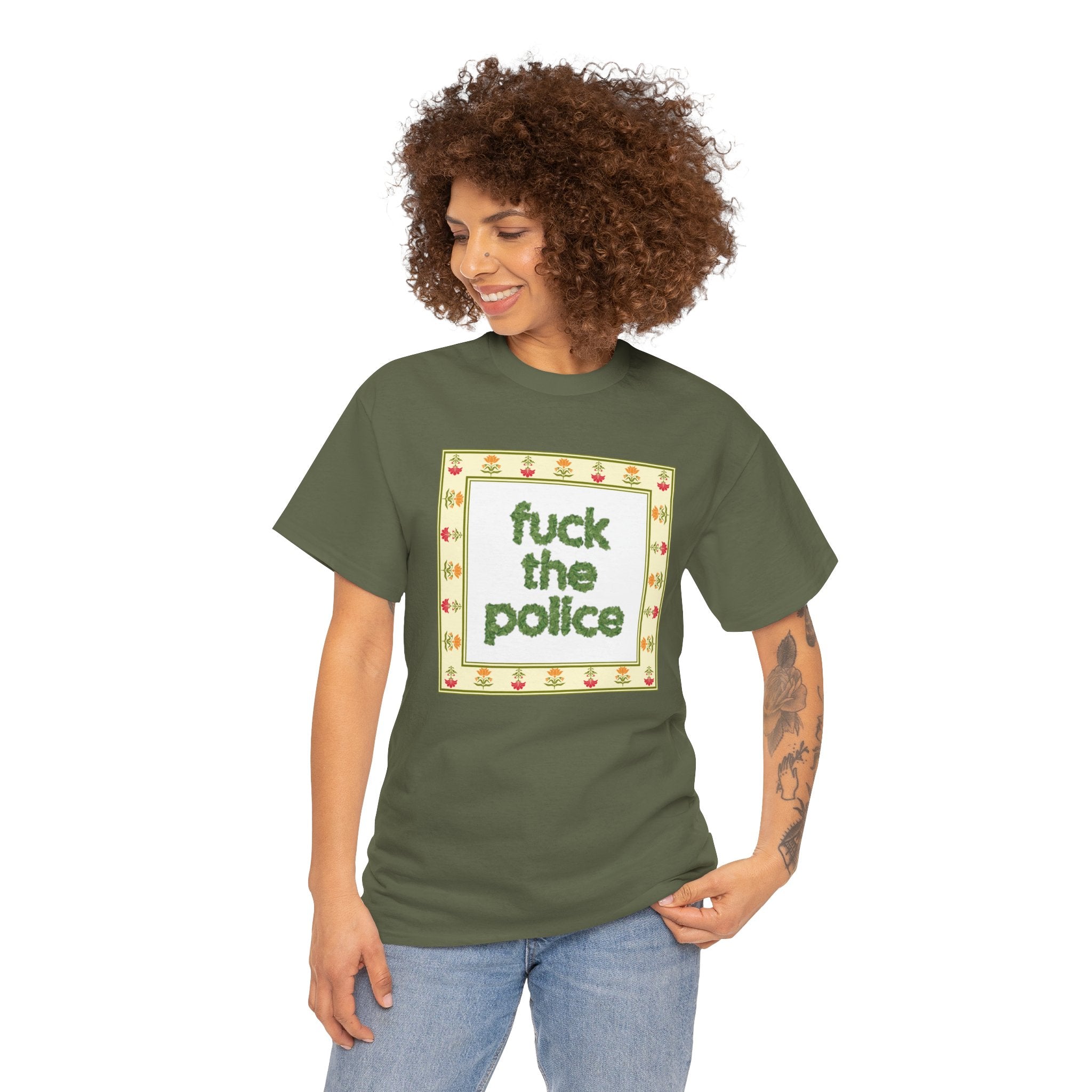 Fuck the Police Provocative Statement Tee —  Floral Cross-Stitch Style T-Shirt