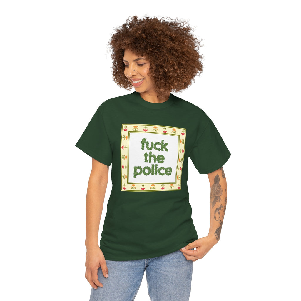 Fuck the Police Provocative Statement Tee —  Floral Cross-Stitch Style T-Shirt