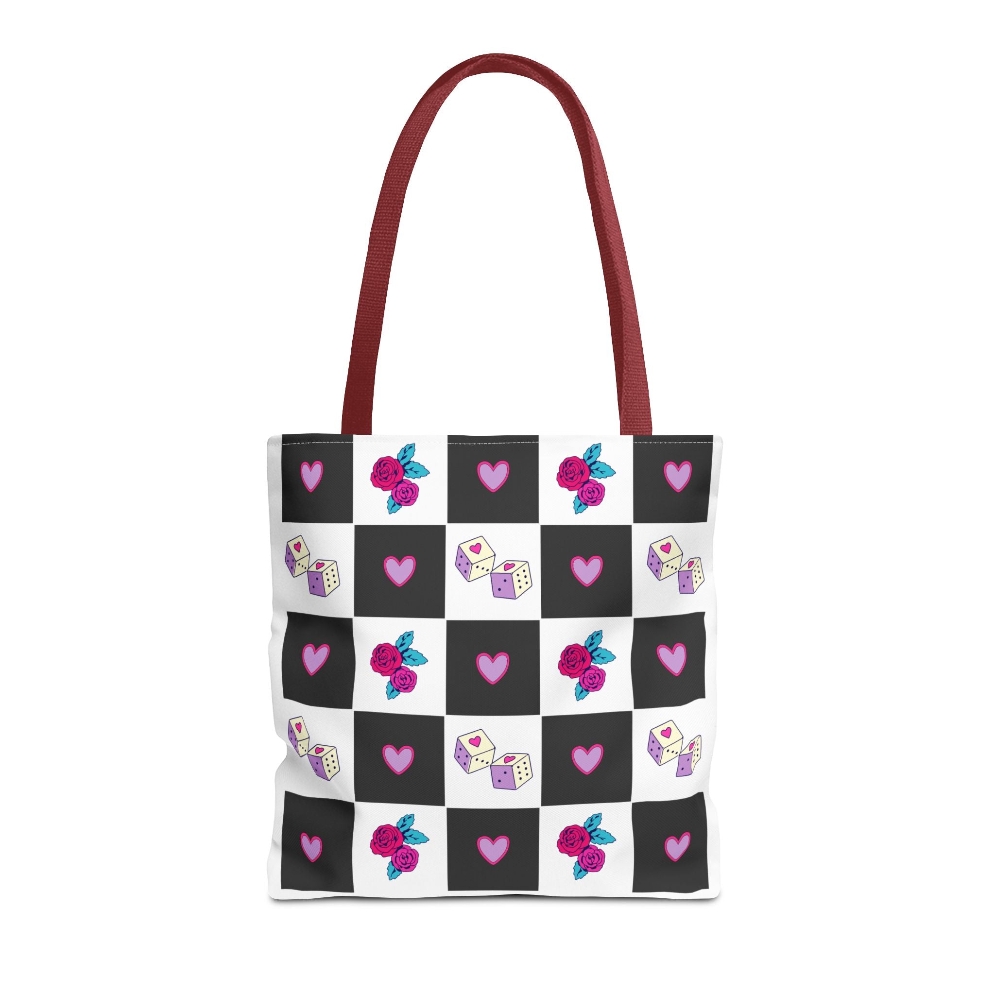Femme Punk Checkerboard Love Tote Bag — Hearts, Roses & Enamel Pin Pattern