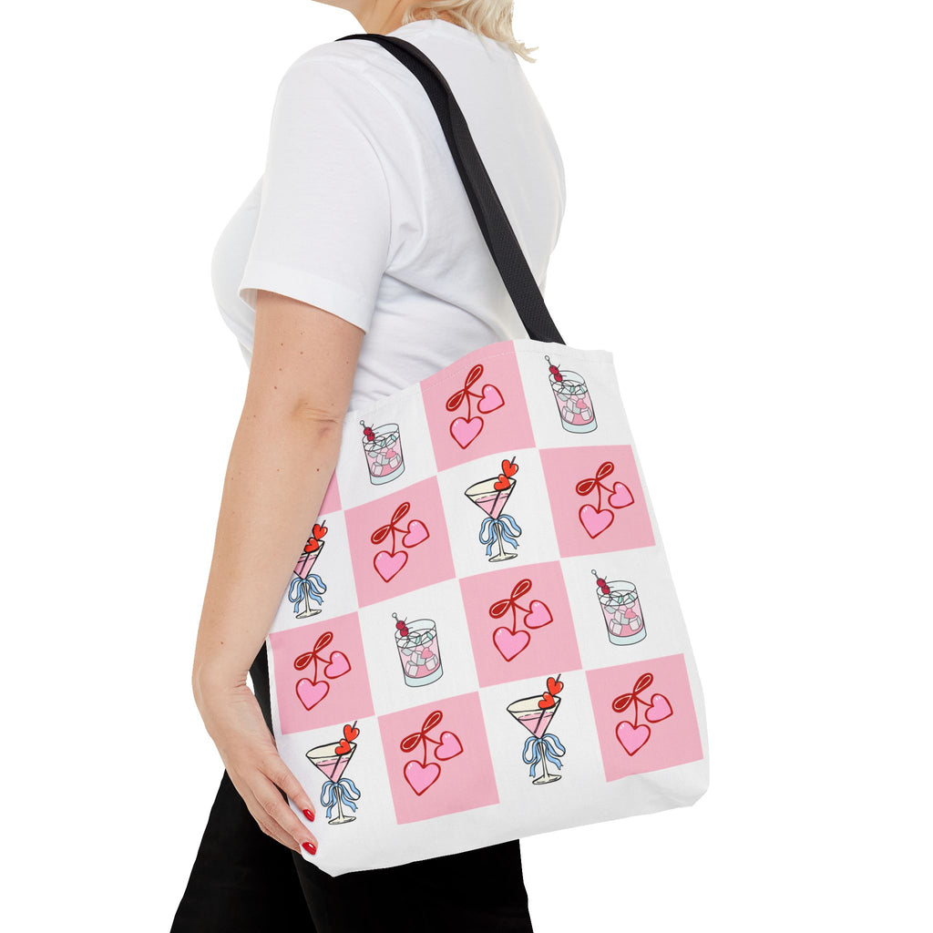 Valentine Cocktail Tote Bag – Pink Heart & Cherry Martinis AOP Tote