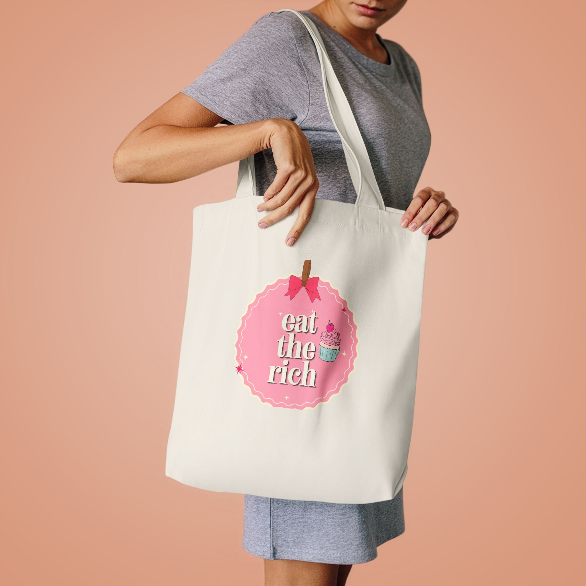 'Eat the Rich' Coquette Pink Cupcake Cotton Canvas Tote Bag
