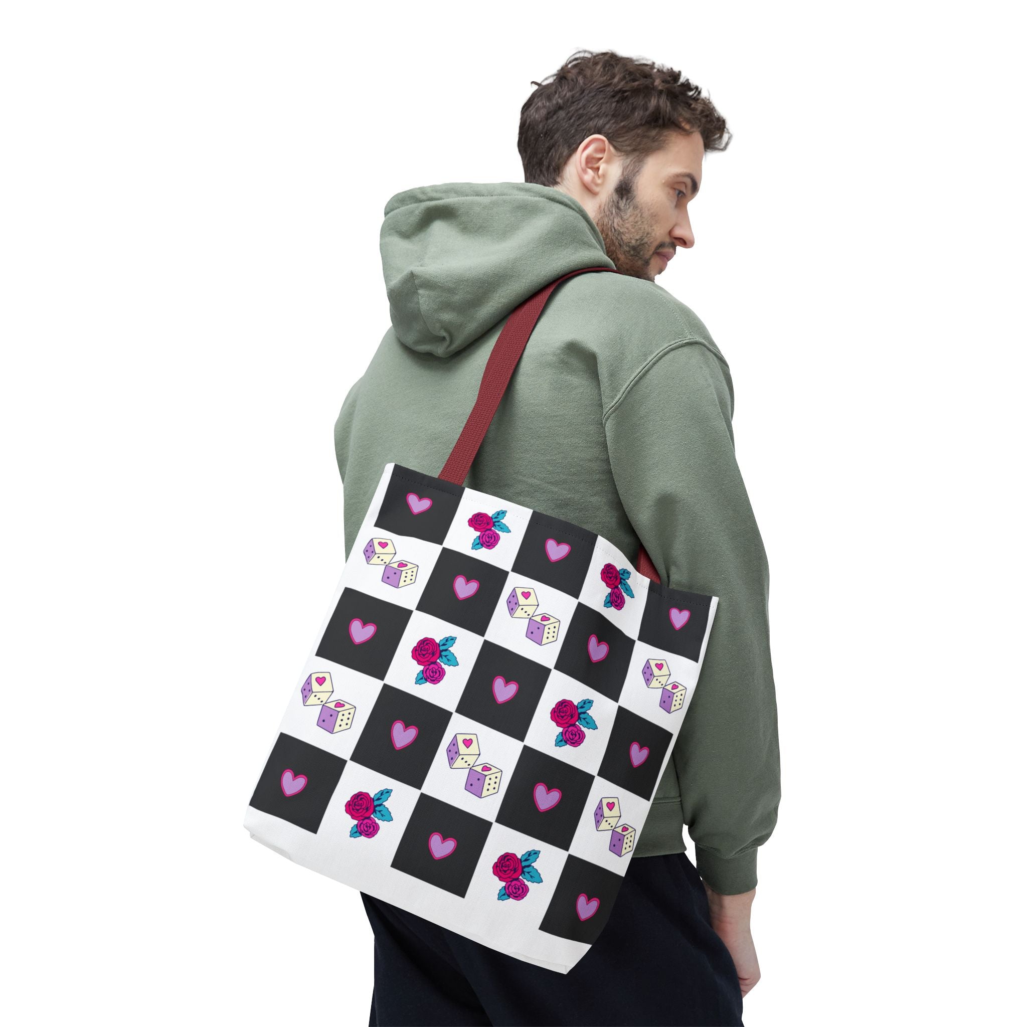 Femme Punk Checkerboard Love Tote Bag — Hearts, Roses & Enamel Pin Pattern