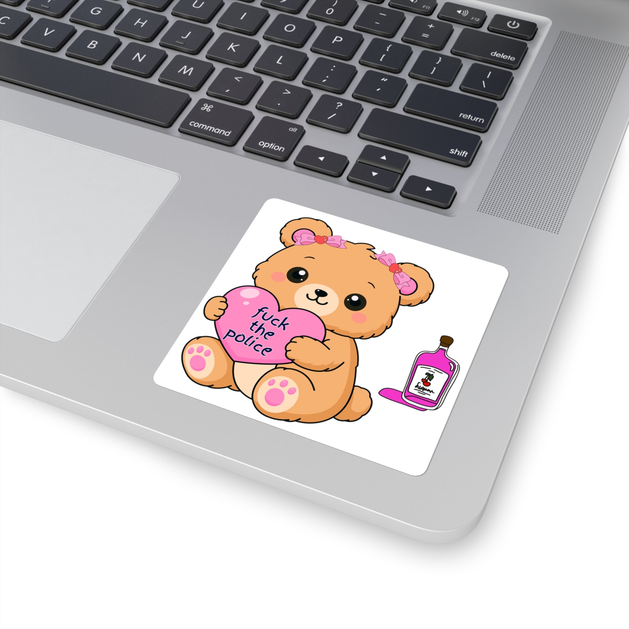 Cute Bear Holding "Fuck the Police" Heart Square Sticker.