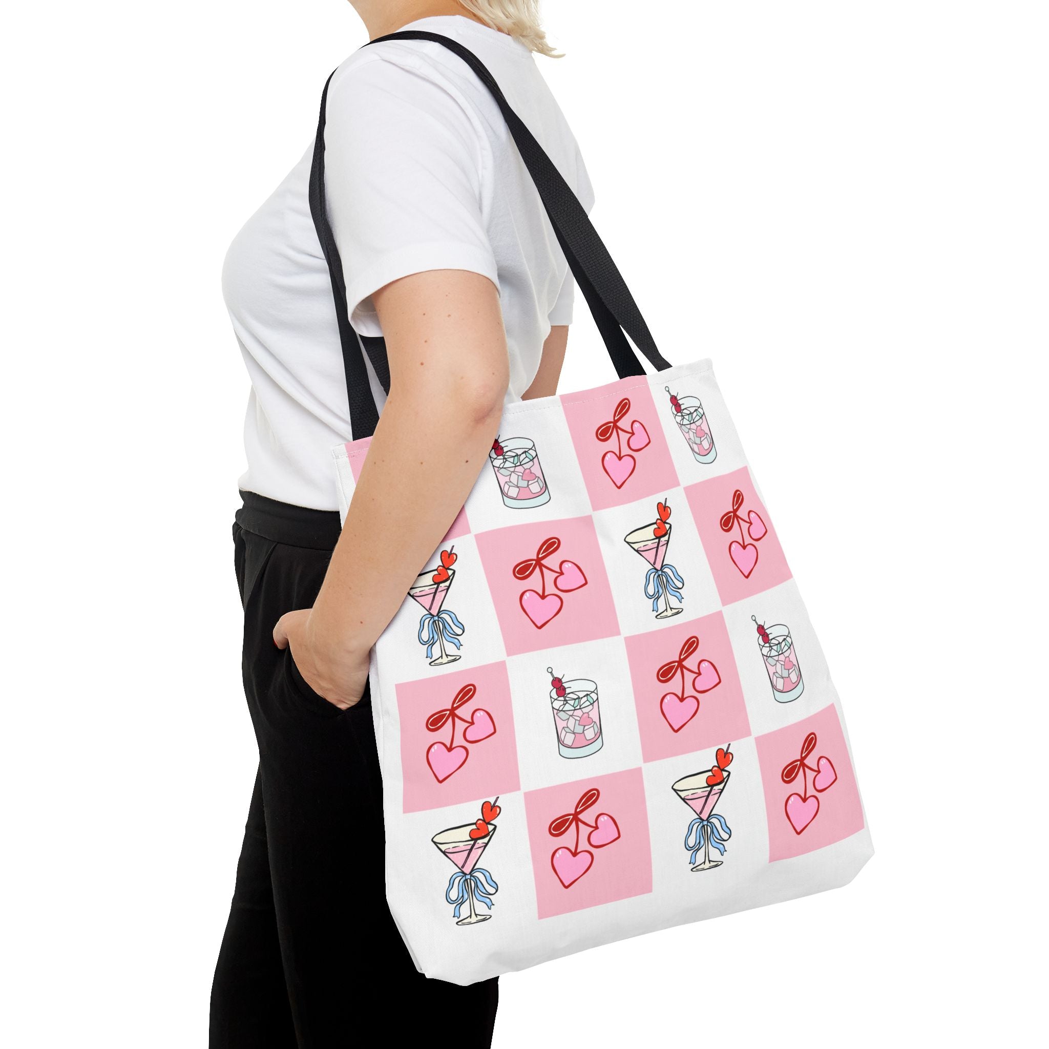 Valentine Cocktail Tote Bag – Pink Heart & Cherry Martinis AOP Tote