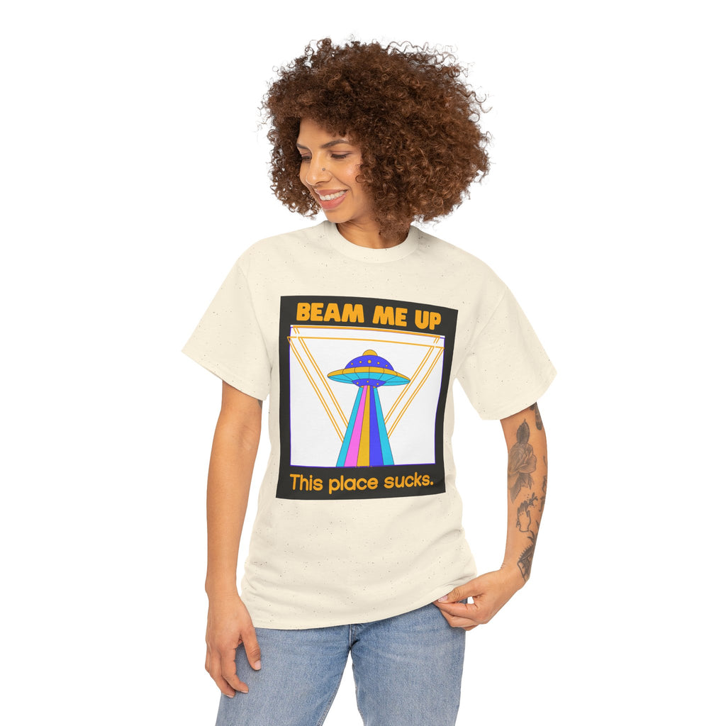 Beam Me Up Funny UFO T-Shirt — Colorful Alien Sarcasm Tee