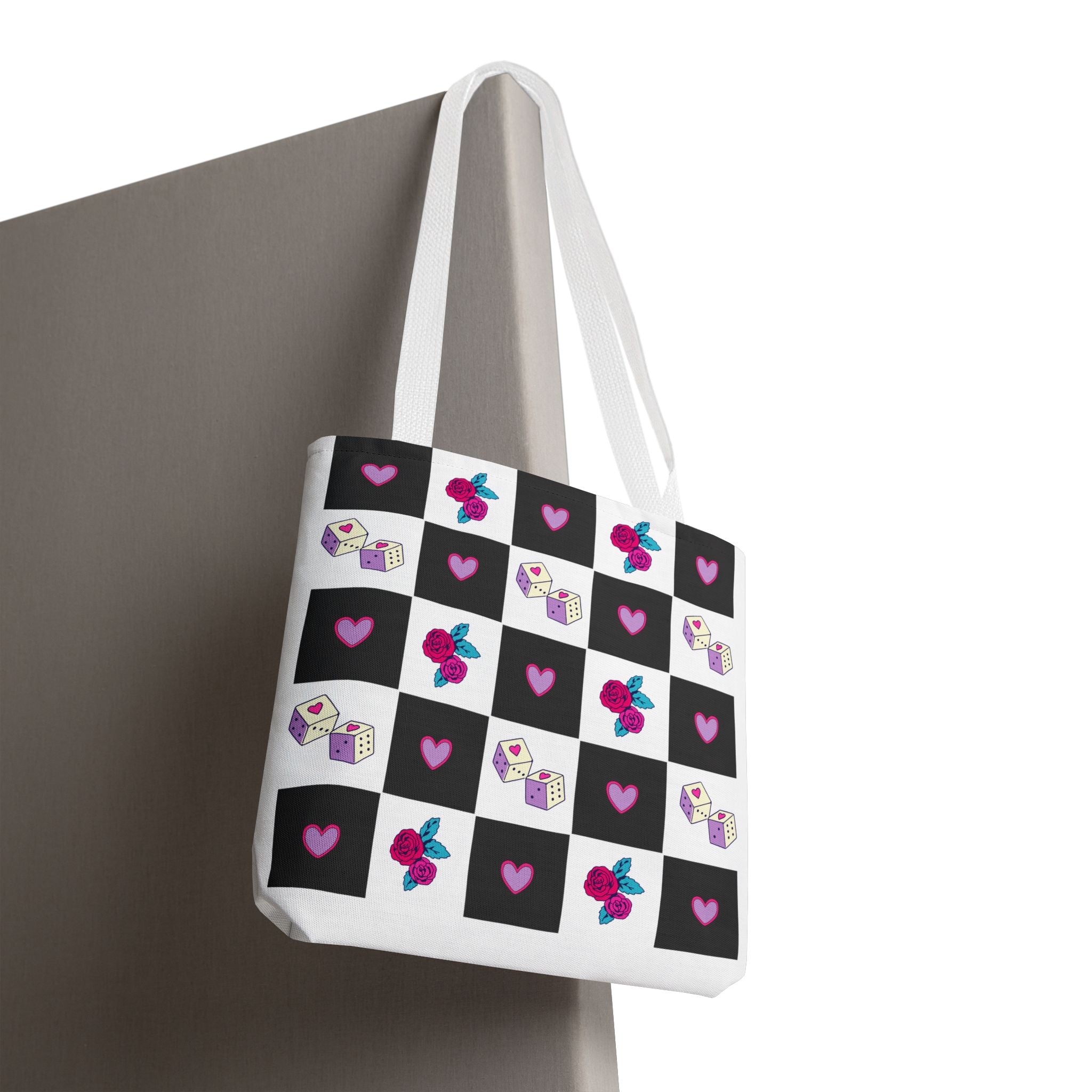 Femme Punk Checkerboard Love Tote Bag — Hearts, Roses & Enamel Pin Pattern