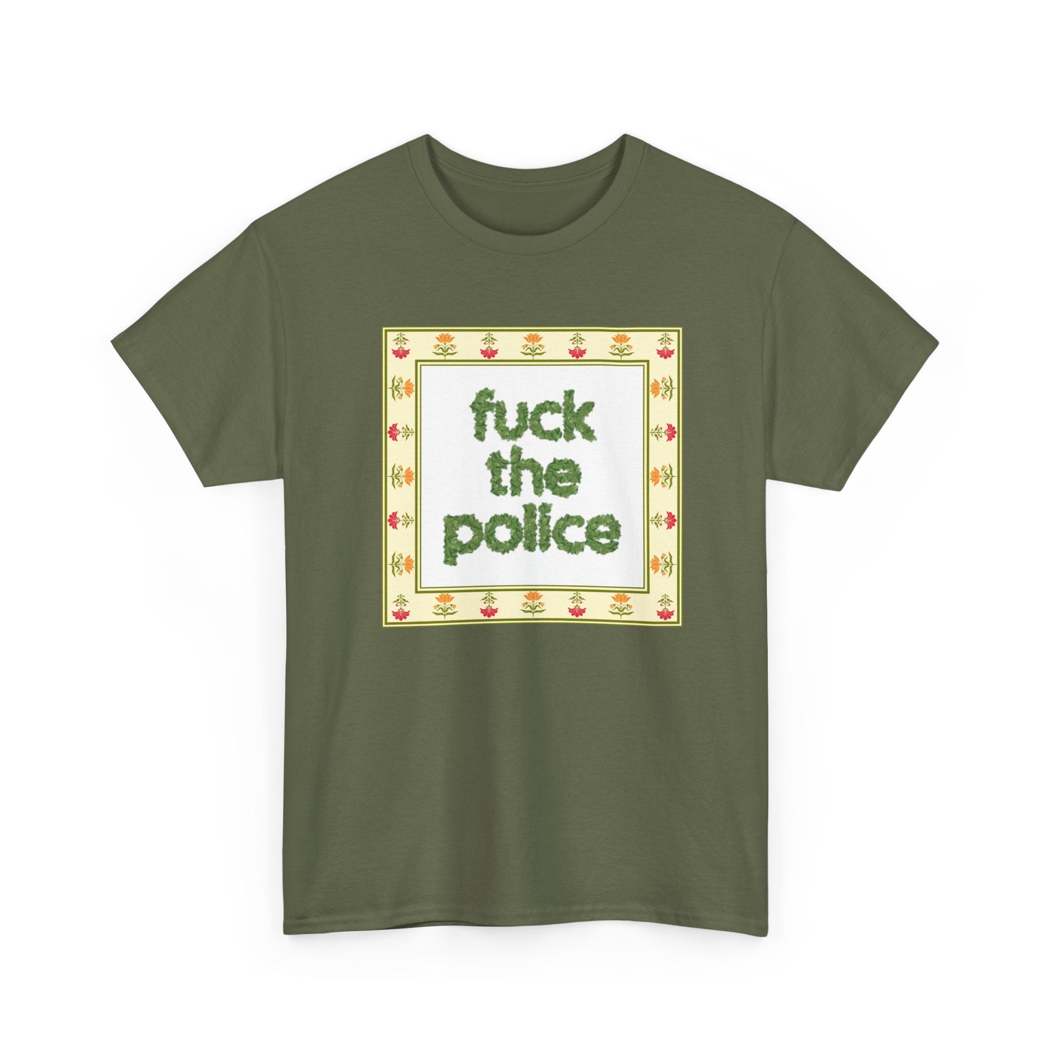 Fuck the Police Provocative Statement Tee —  Floral Cross-Stitch Style T-Shirt