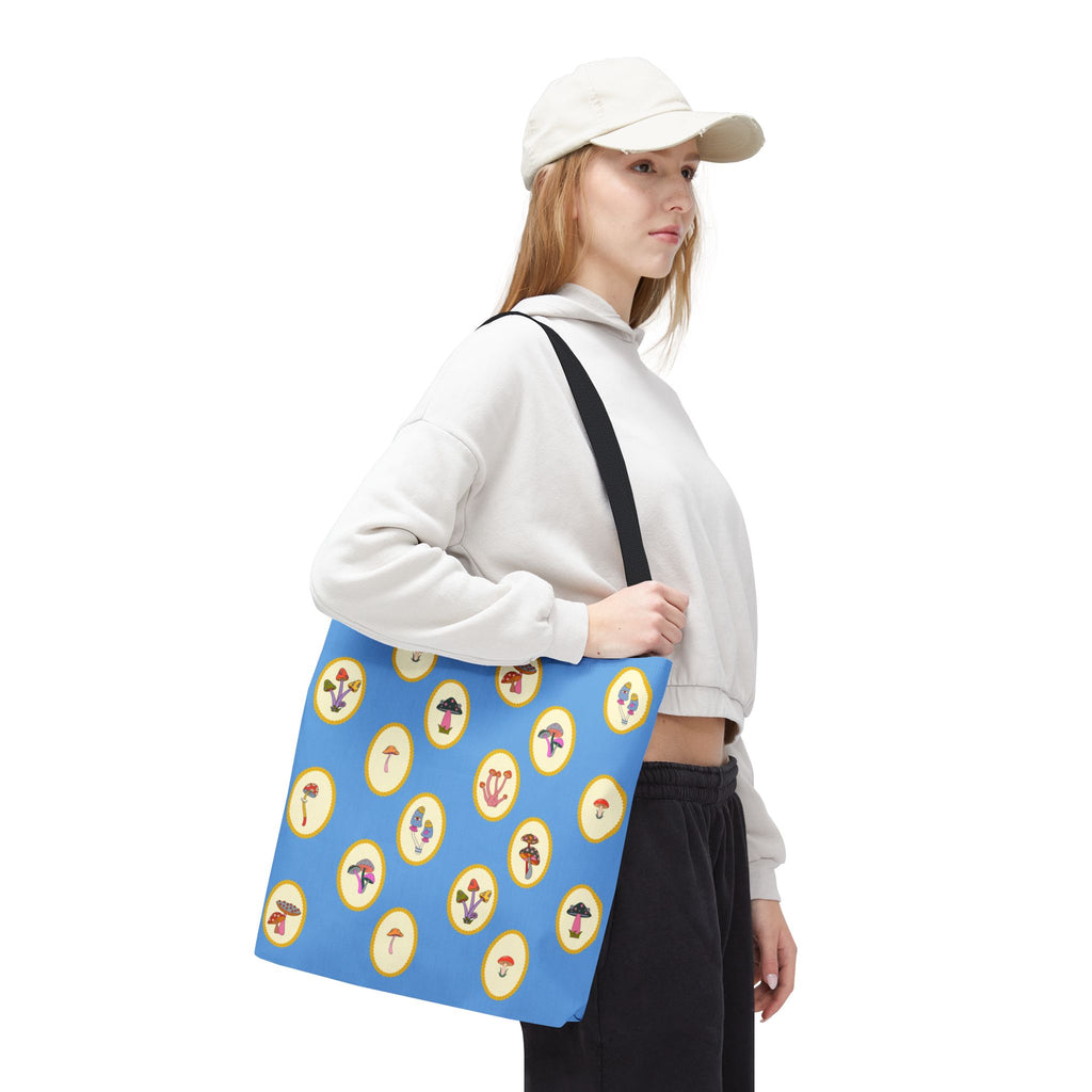 Princess Amanita Mushroom Scrapbook Vintage Style Tote Bag — Cute Blue AOP Mushroom Pattern Tote