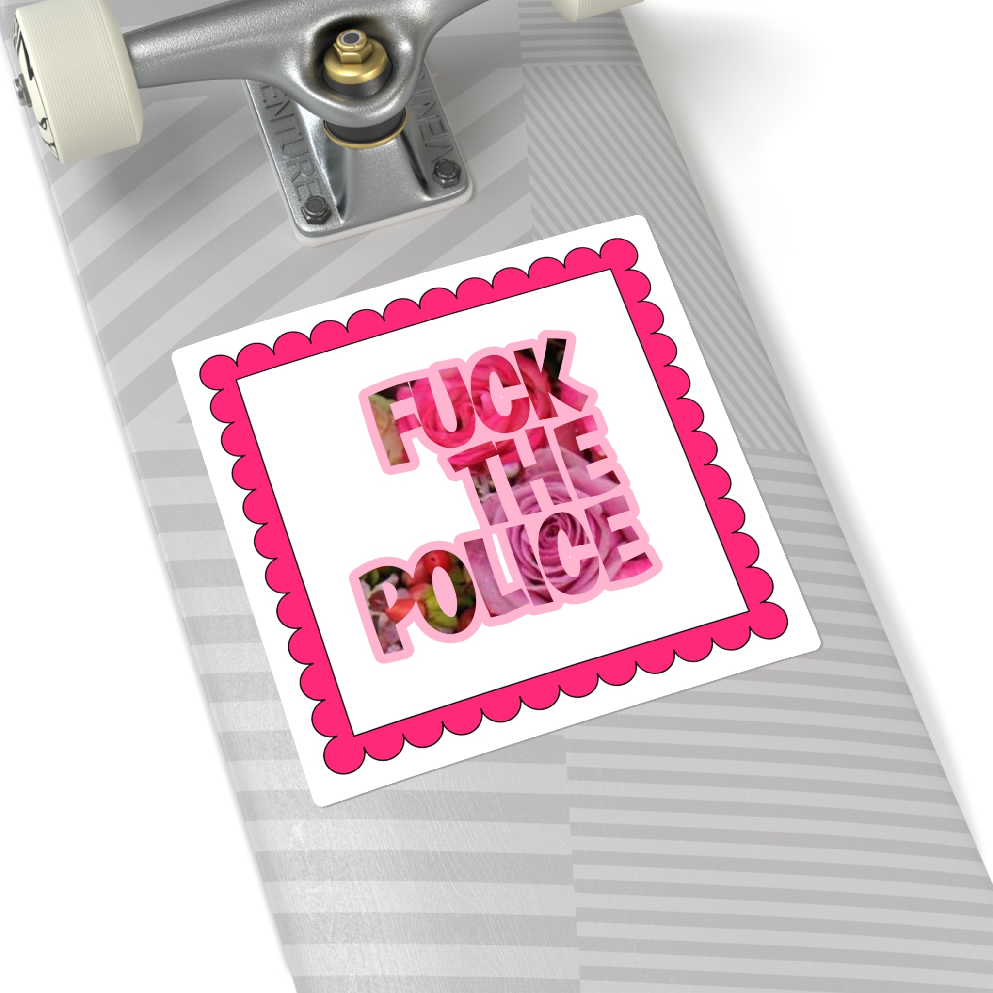 FUCK THE POLICE Pink Floral Roses Protest Design Square Sticker.