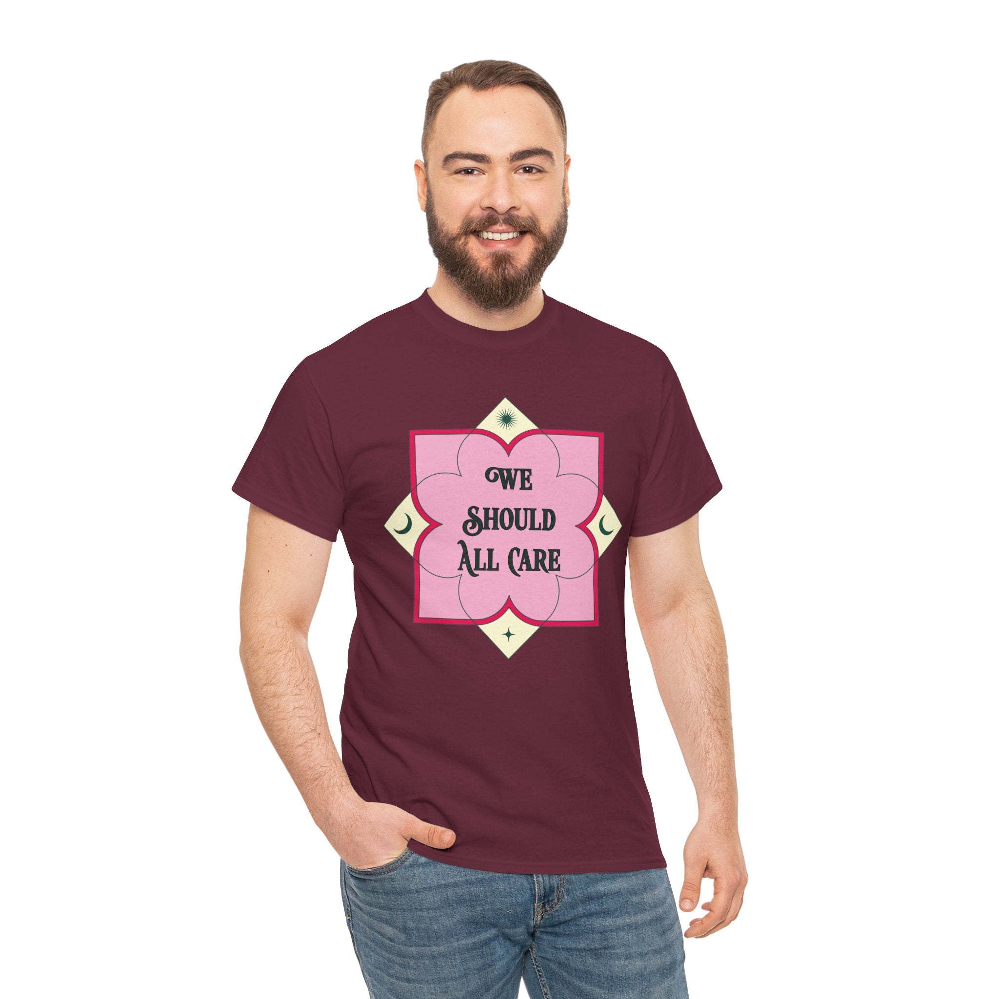 We Should All Care T-Shirt — Pink Floral Compassion Graphic Tee