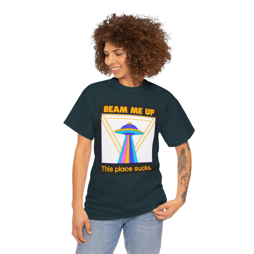 Beam Me Up Funny UFO T-Shirt — Colorful Alien Sarcasm Tee