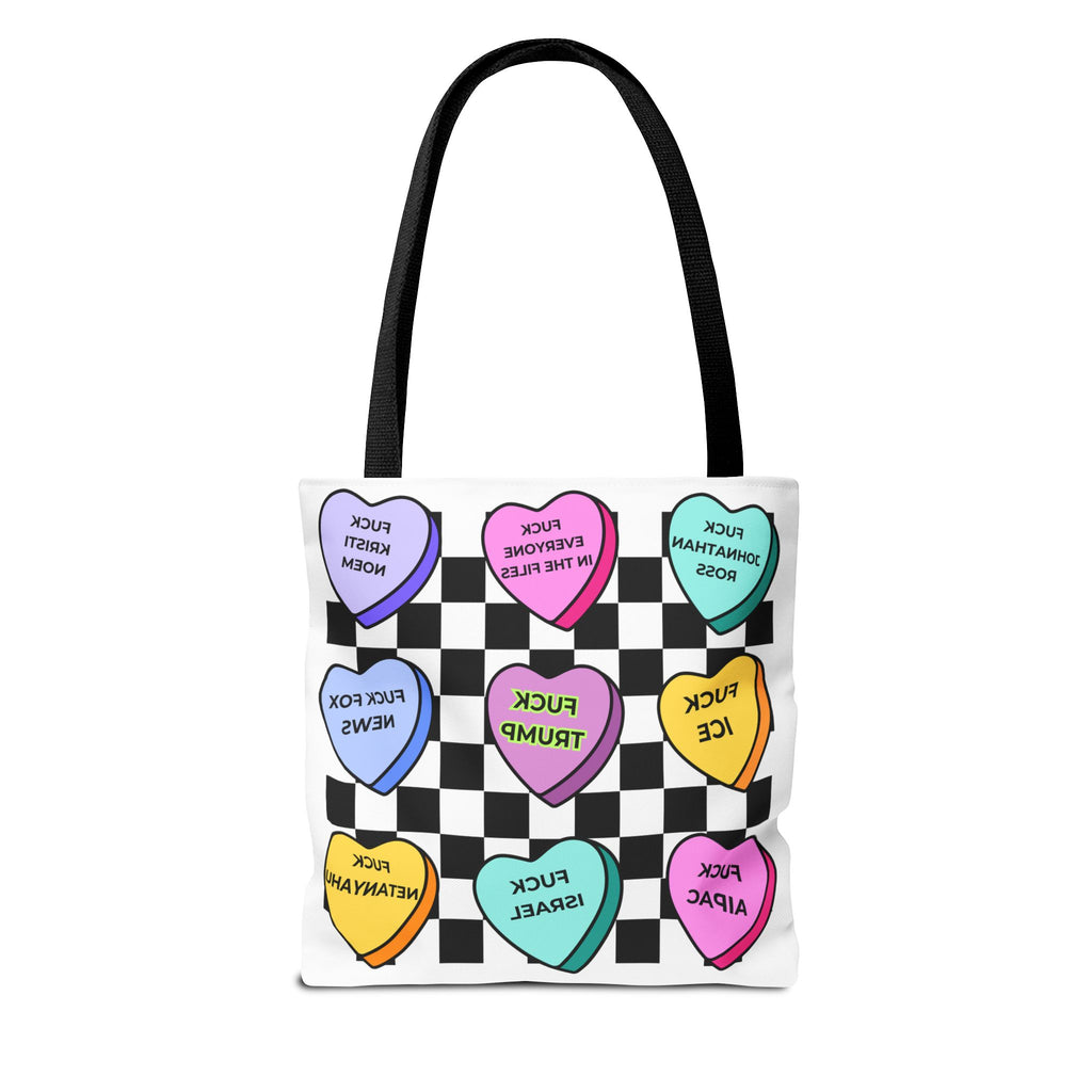 Political Statement Tote Bag  Checkerboard Candy Hearts with Adult Slogans