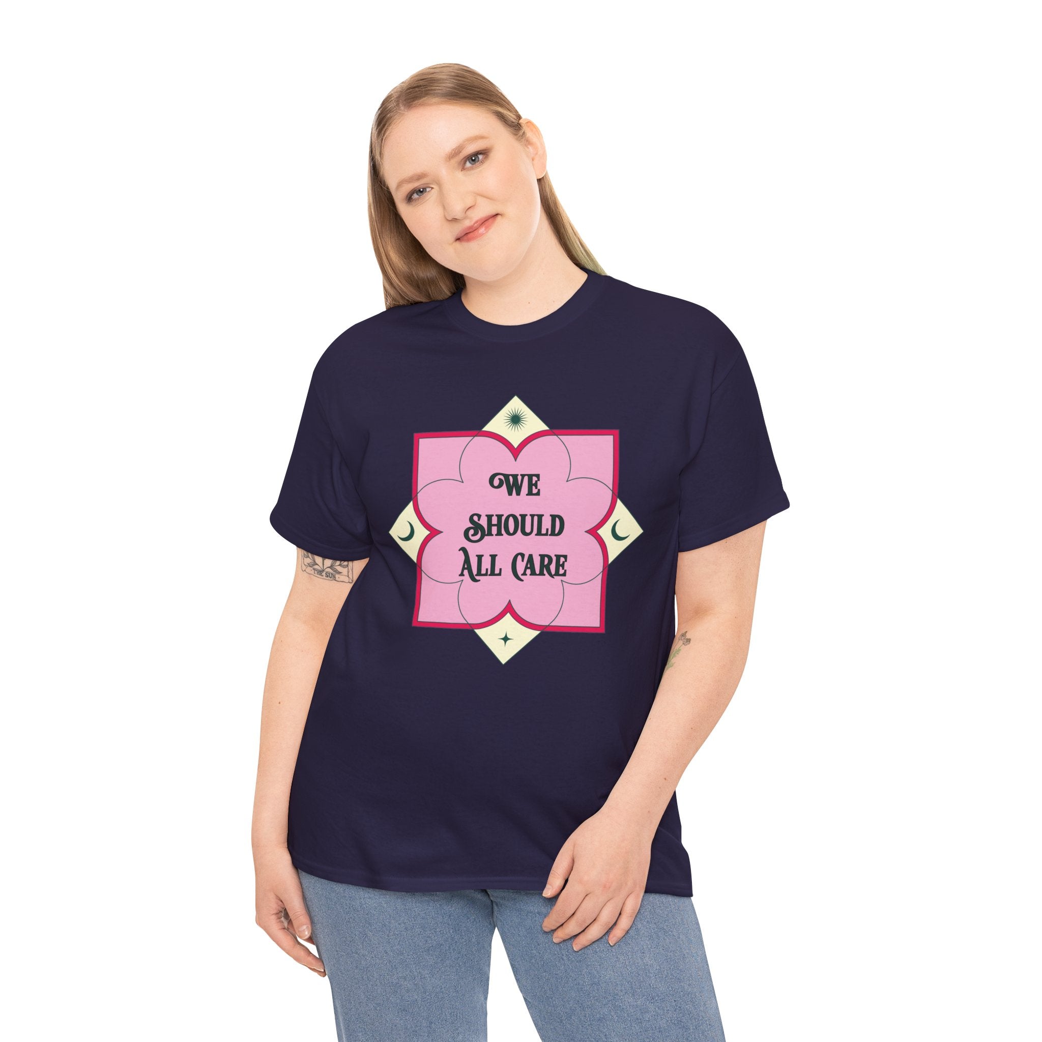 We Should All Care T-Shirt — Pink Floral Compassion Graphic Tee