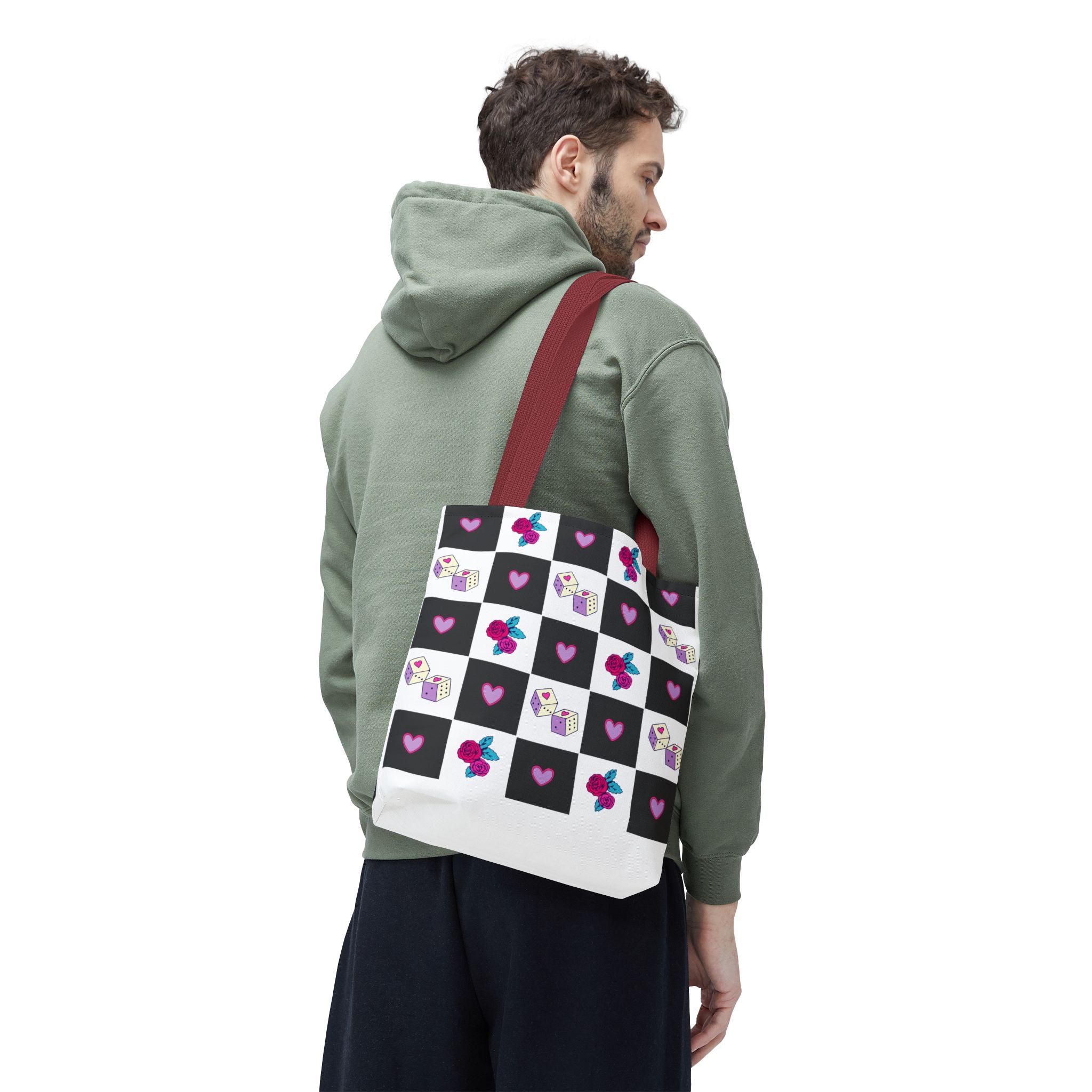 Femme Punk Checkerboard Love Tote Bag — Hearts, Roses & Enamel Pin Pattern
