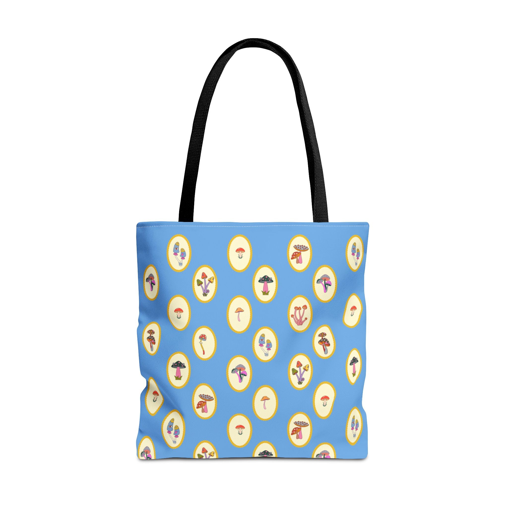 Princess Amanita Mushroom Scrapbook Vintage Style Tote Bag — Cute Blue AOP Mushroom Pattern Tote