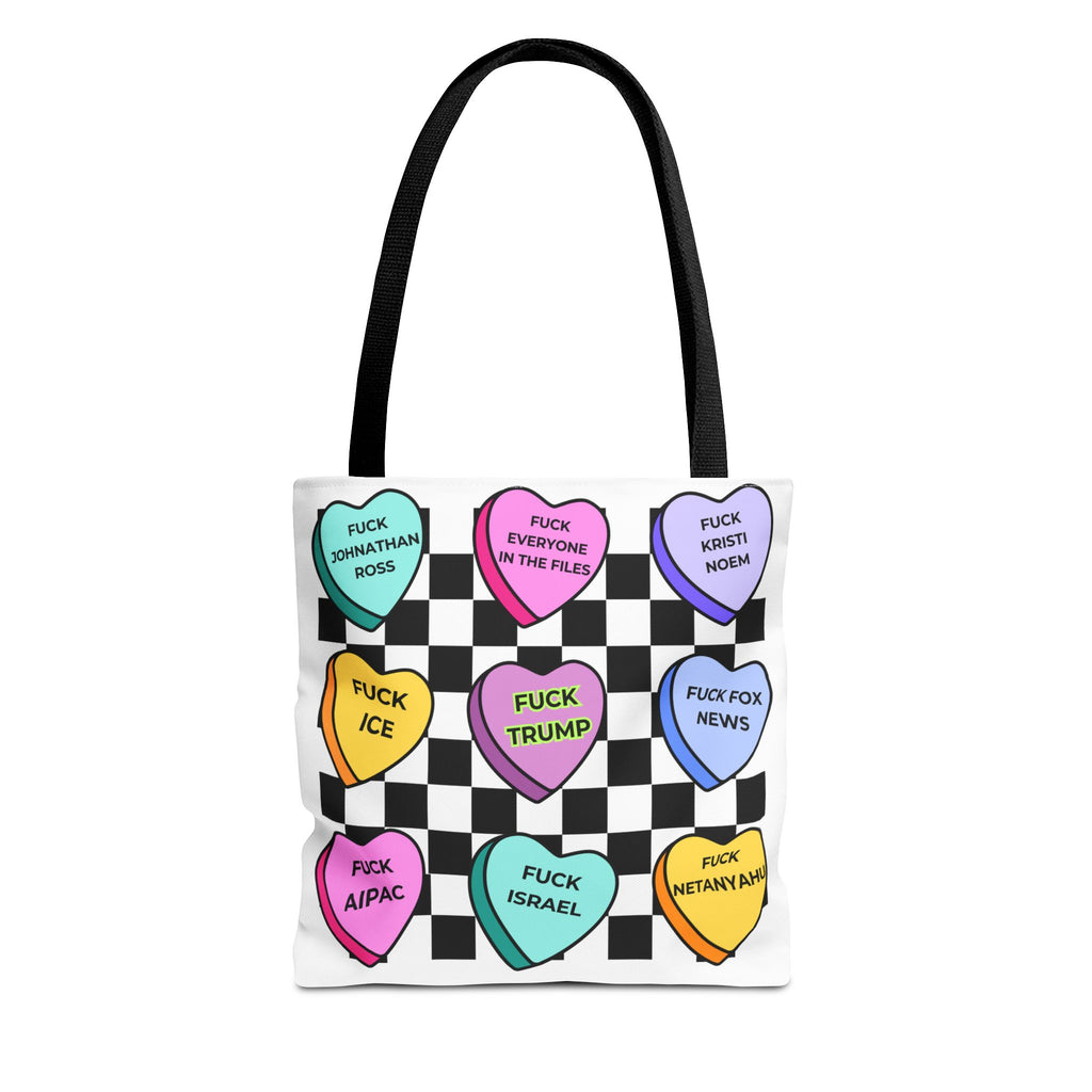 Political Statement Tote Bag  Checkerboard Candy Hearts with Adult Slogans