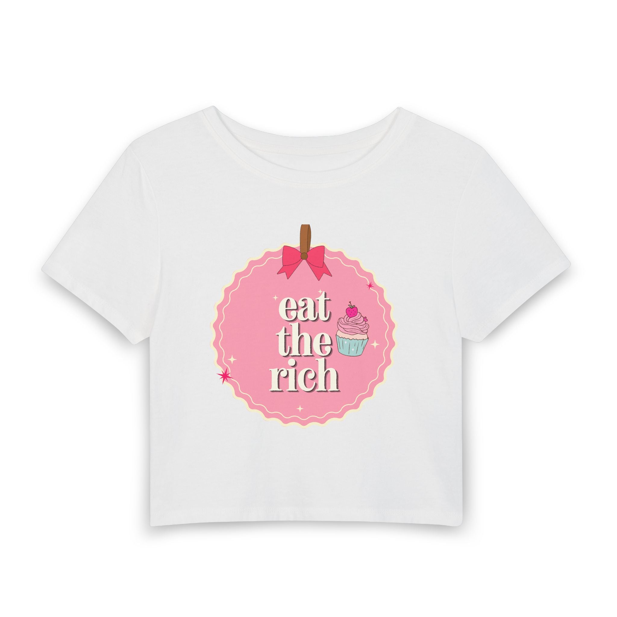 Eat the Rich Pink Coquette Cupcake Baby Tee — Women's Demure Graphic