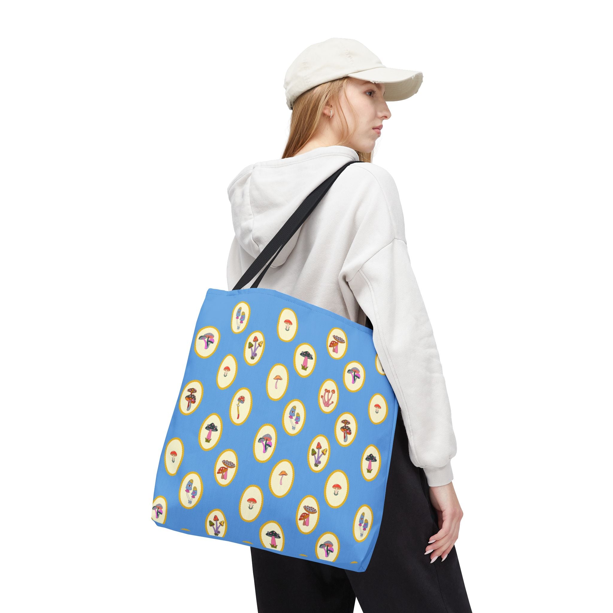 Princess Amanita Mushroom Scrapbook Vintage Style Tote Bag — Cute Blue AOP Mushroom Pattern Tote
