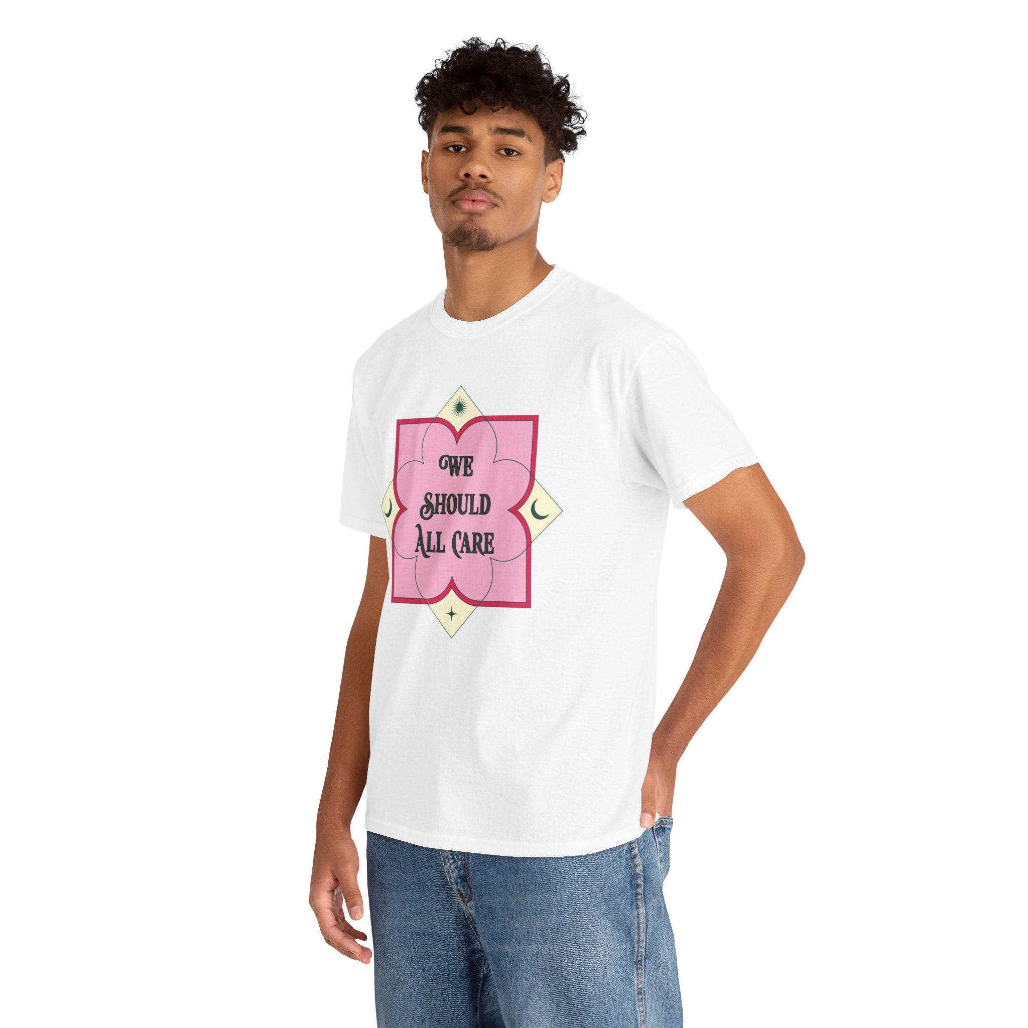 We Should All Care T-Shirt — Pink Floral Compassion Graphic Tee