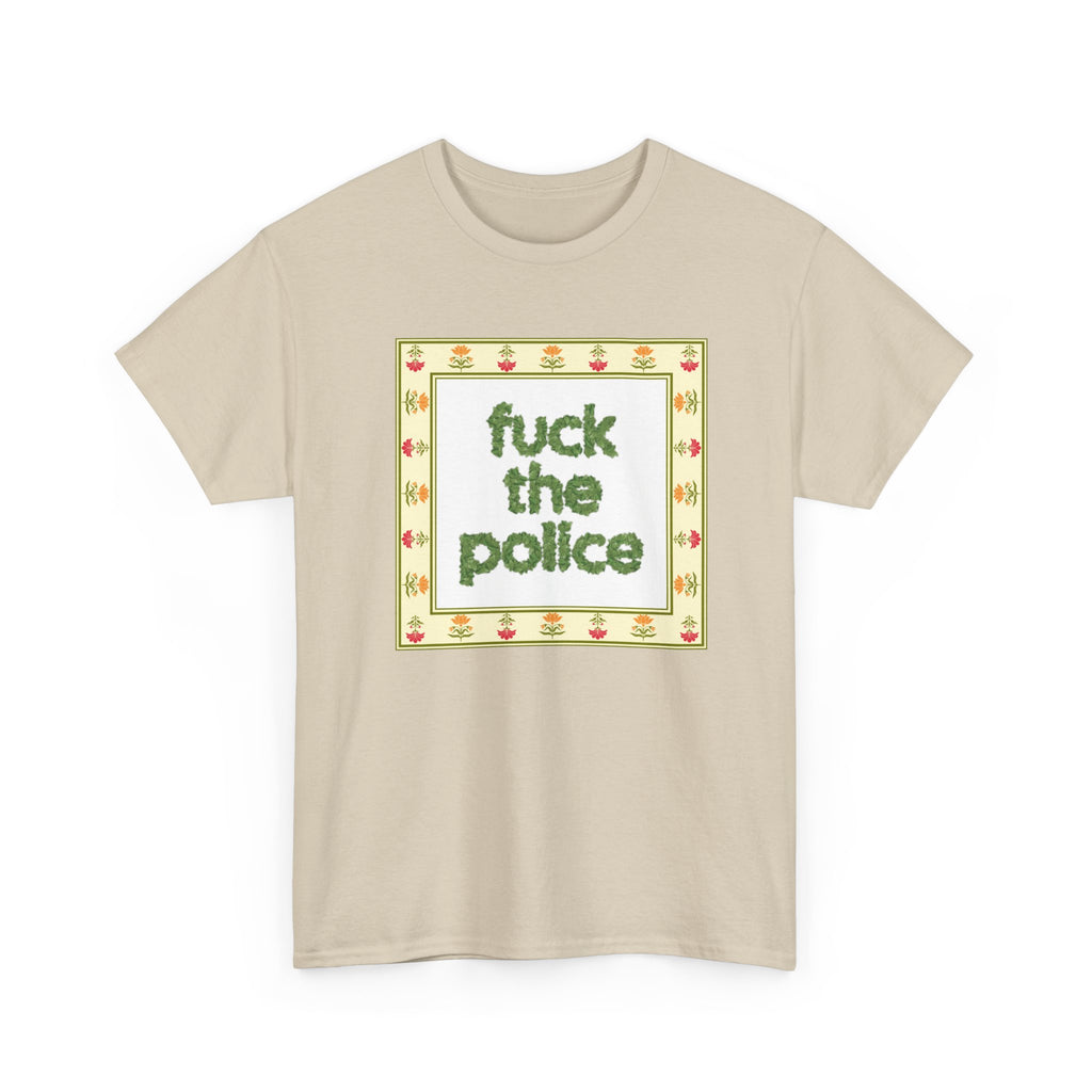Fuck the Police Provocative Statement Tee —  Floral Cross-Stitch Style T-Shirt