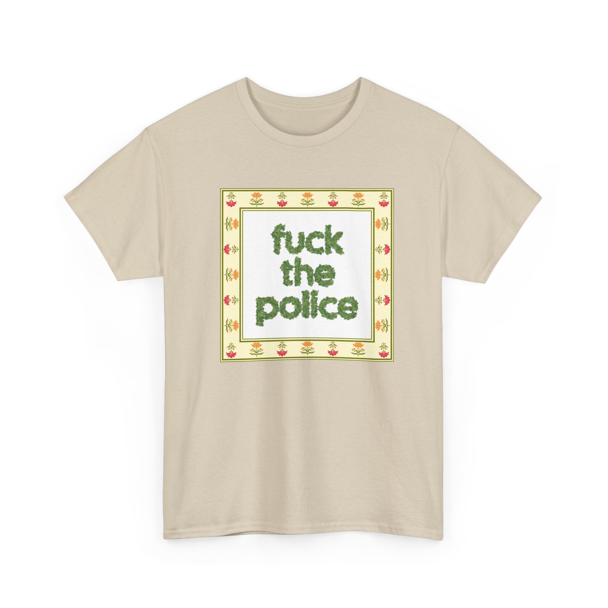 Fuck the Police Provocative Statement Tee —  Floral Cross-Stitch Style T-Shirt
