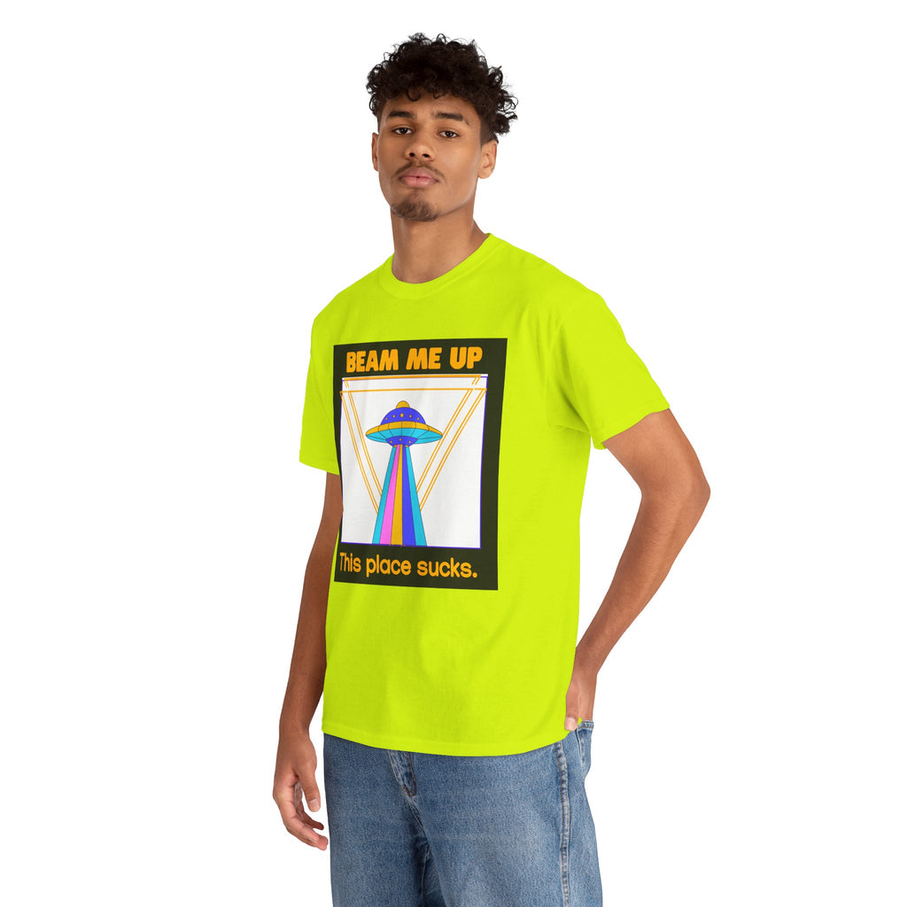 Beam Me Up Funny UFO T-Shirt — Colorful Alien Sarcasm Tee