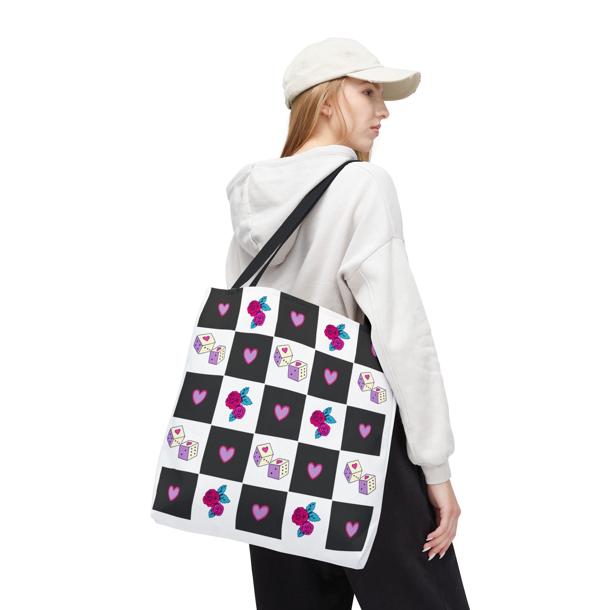 Femme Punk Checkerboard Love Tote Bag — Hearts, Roses & Enamel Pin Pattern